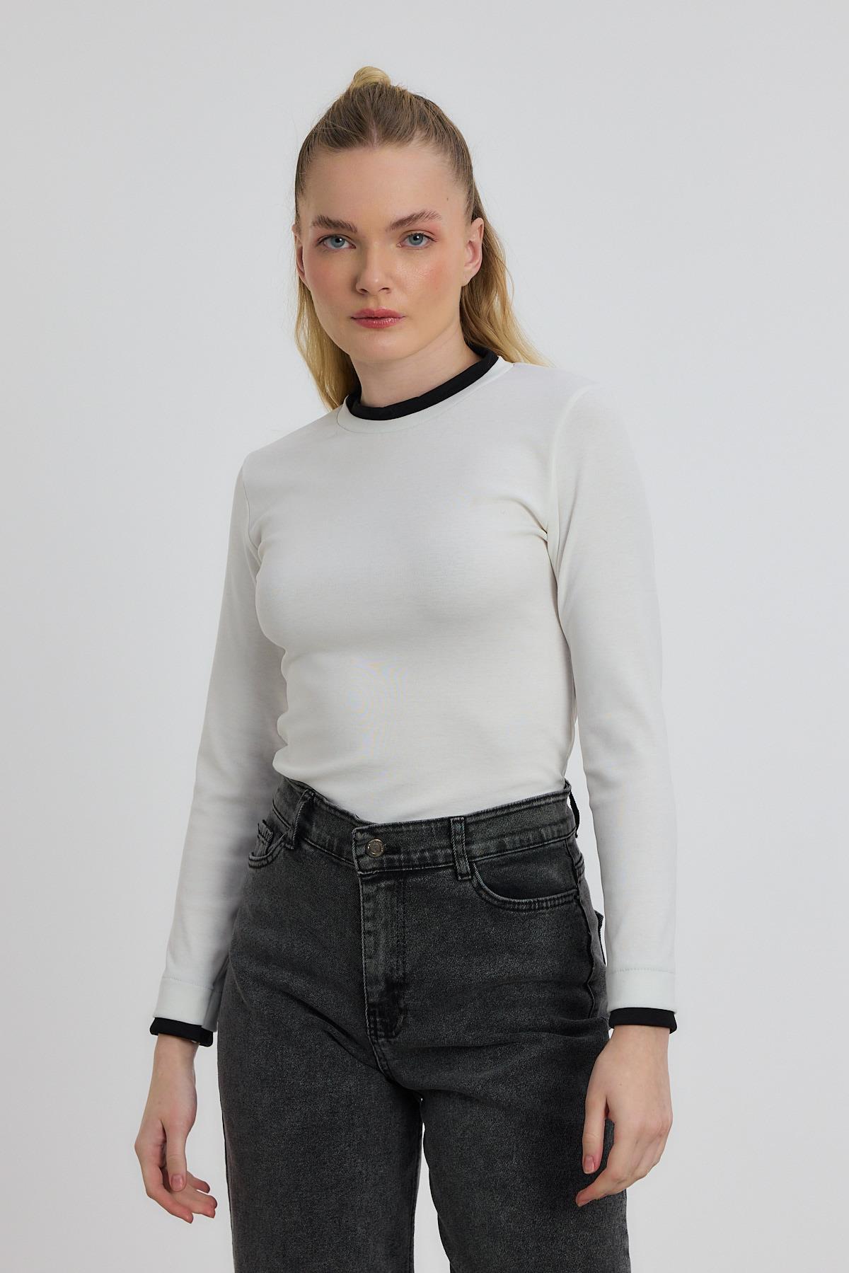 Ekru Ribana Detay Uzun Kollu Bluz 3011 