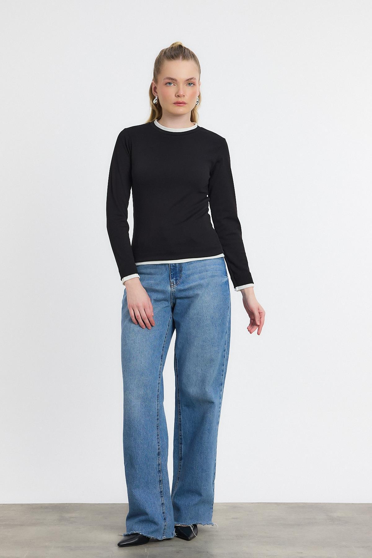 Siyah Ribana Detay Uzun Kollu Bluz 3011 - 1