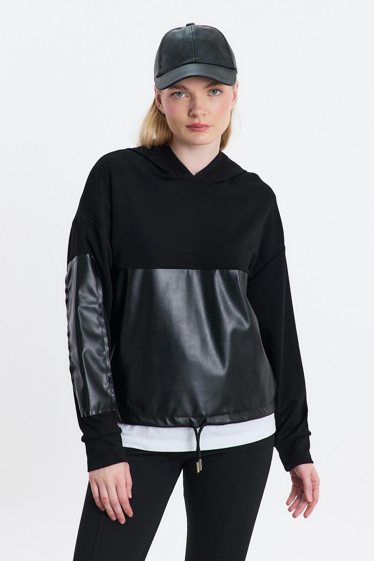 3012 Kapüşonlu Deri Detay Sweat Siyah - RAYS
