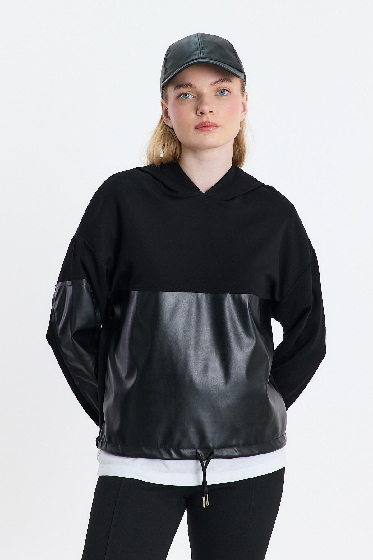 3012 Kapüşonlu Deri Detay Sweat Siyah - RAYS