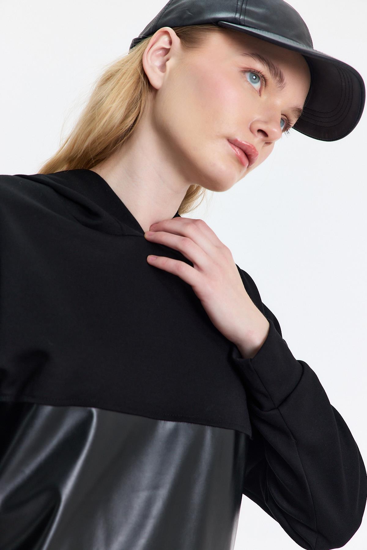 Siyah Kapüşonlu Deri Detay Oysho Sweat 3012 - 4
