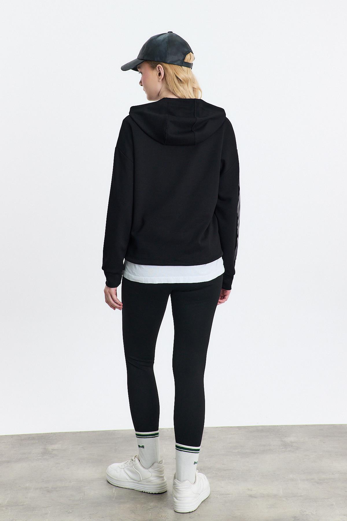 Siyah Kapüşonlu Deri Detay Oysho Sweat 3012 - 5