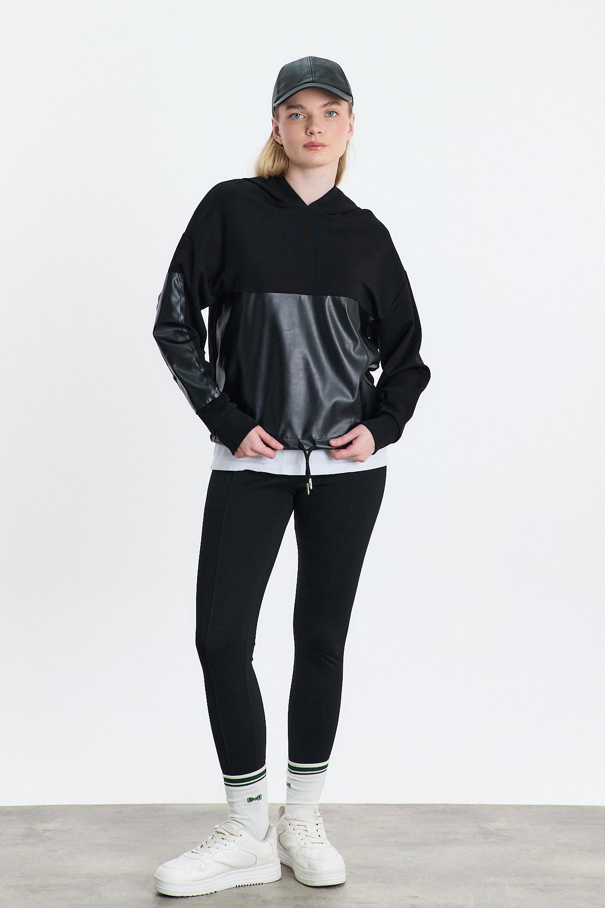 Siyah Kapüşonlu Deri Detay Oysho Sweat 3012 - 8