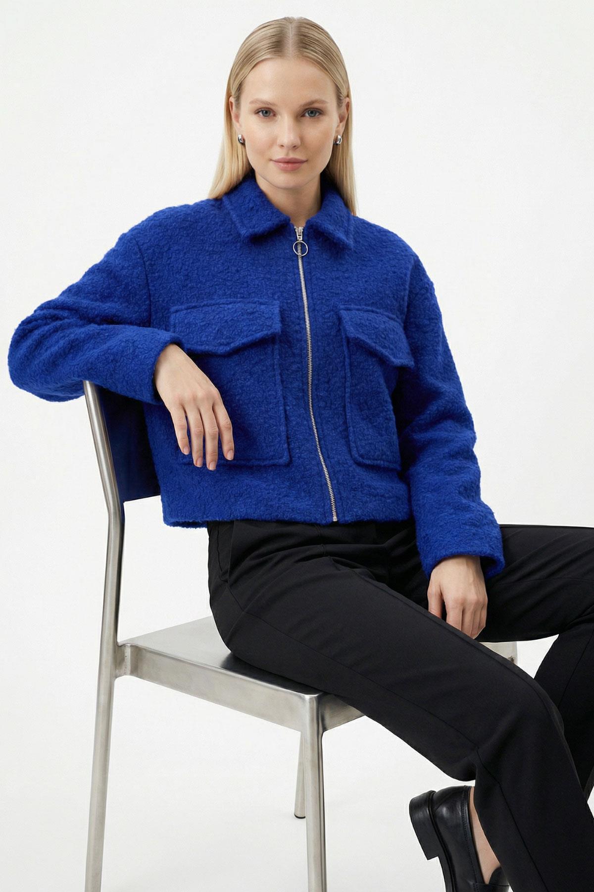 3012A Fermuarlı Kısa Cepli Spor Ceket Saks - 2