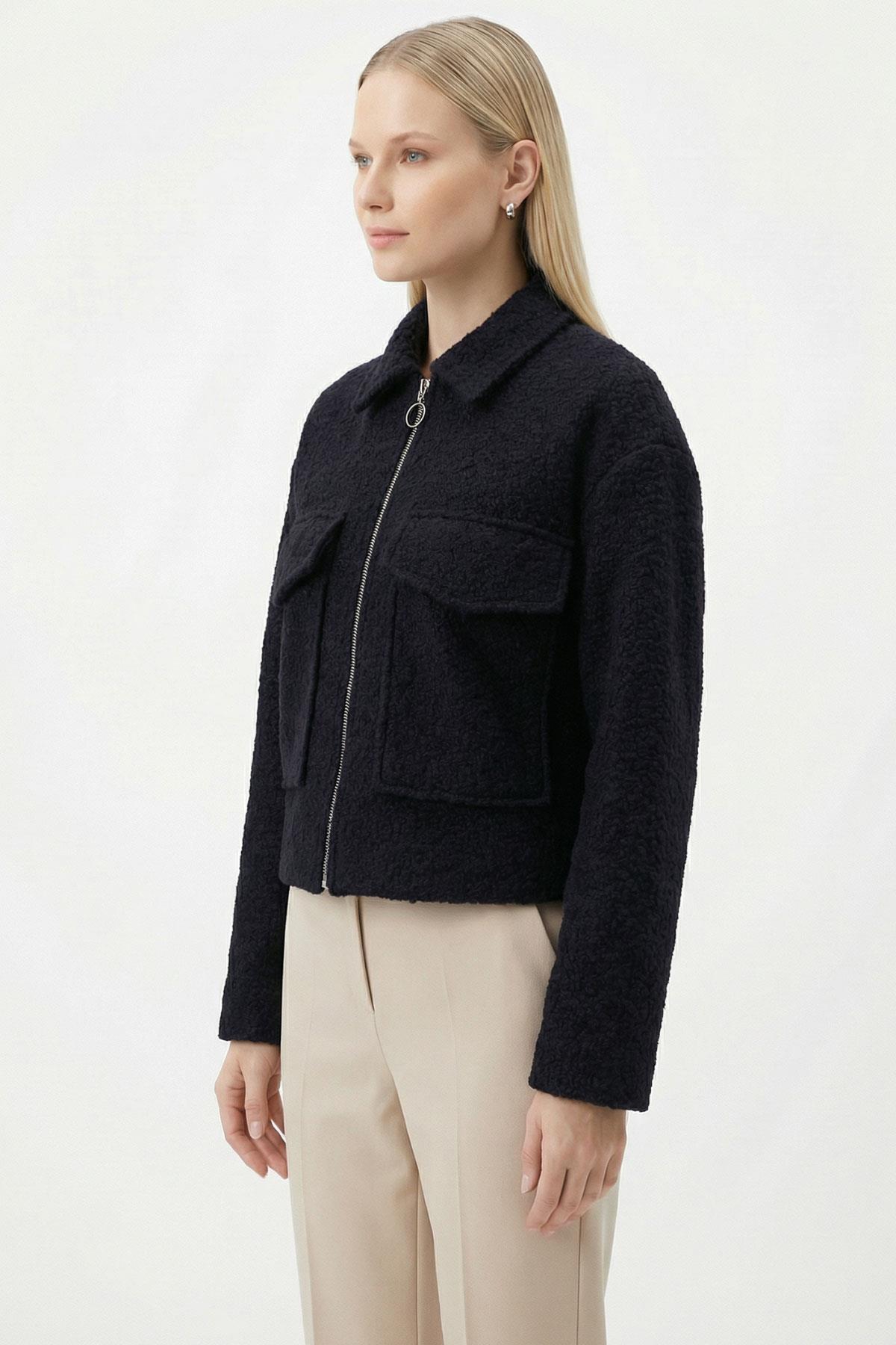 3012A Fermuarlı Kısa Cepli Spor Ceket Siyah - 3