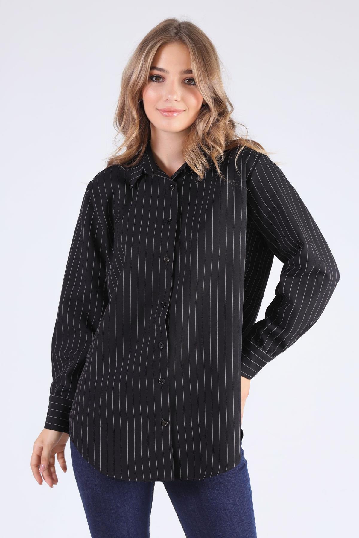 3013 Çizgili Salaş Gömlek Siyah - 1
