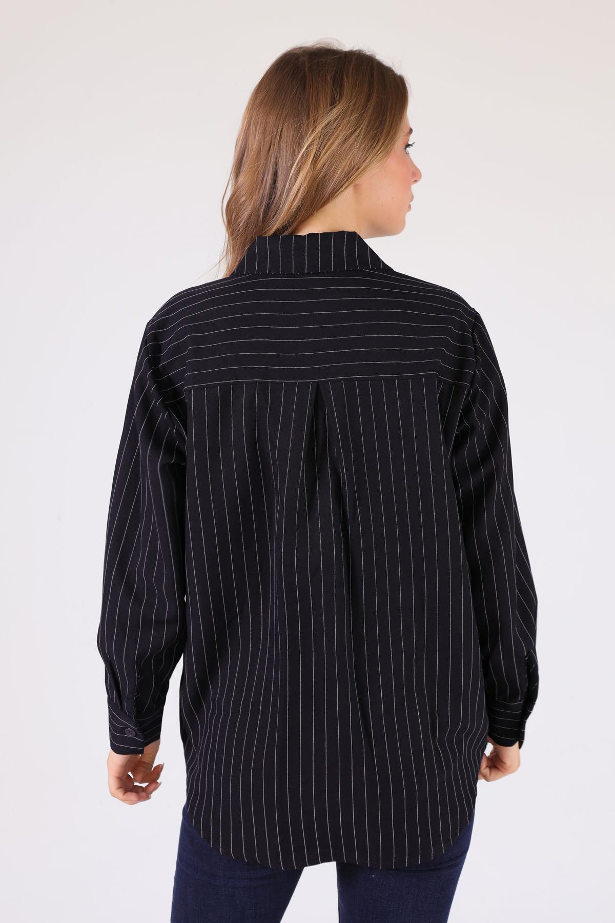 3013 Çizgili Salaş Gömlek Siyah - 5