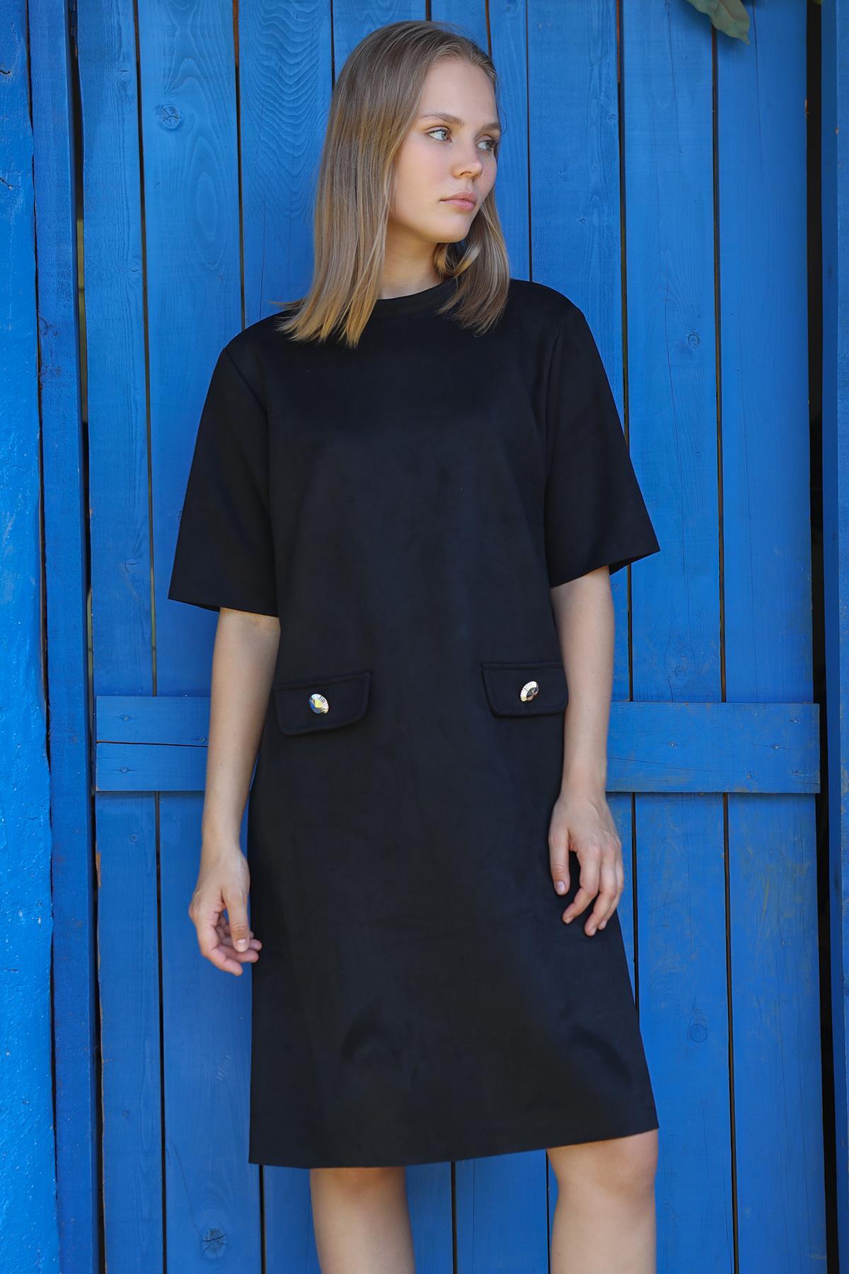 Siyah Yarım Boğaz Kısa Kol Süet Elbise 3013A - 1