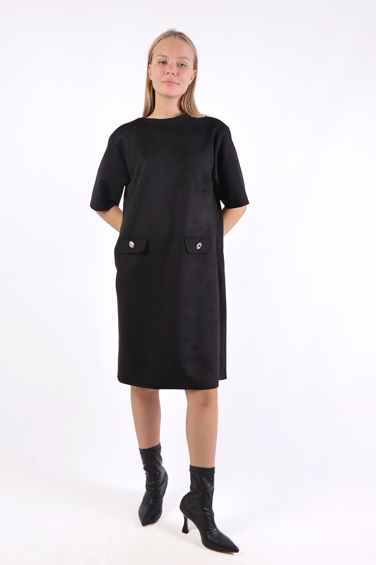 Siyah Yarım Boğaz Kısa Kol Süet Elbise 3013A - 2