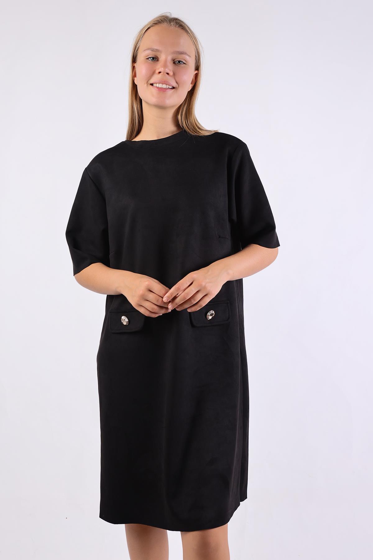 Siyah Yarım Boğaz Kısa Kol Süet Elbise 3013A - 3