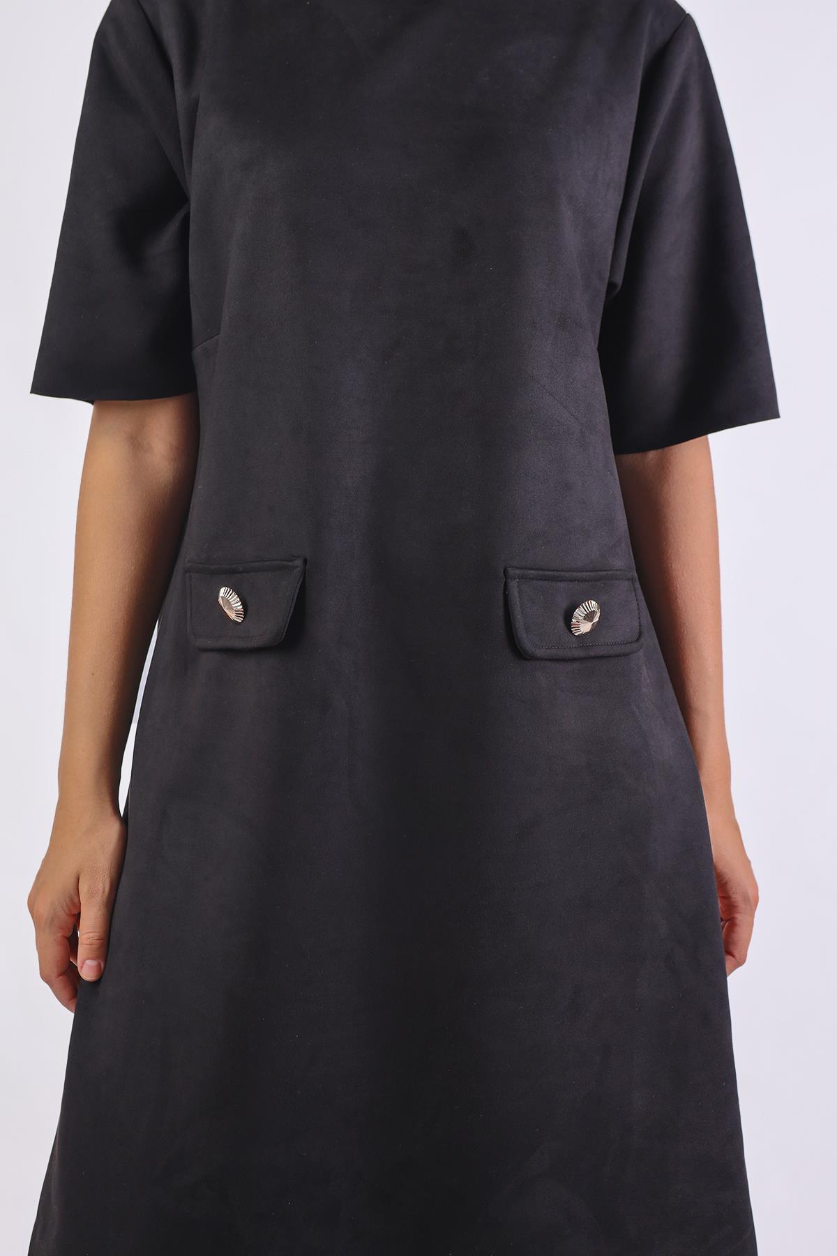 Siyah Yarım Boğaz Kısa Kol Süet Elbise 3013A - RAYS