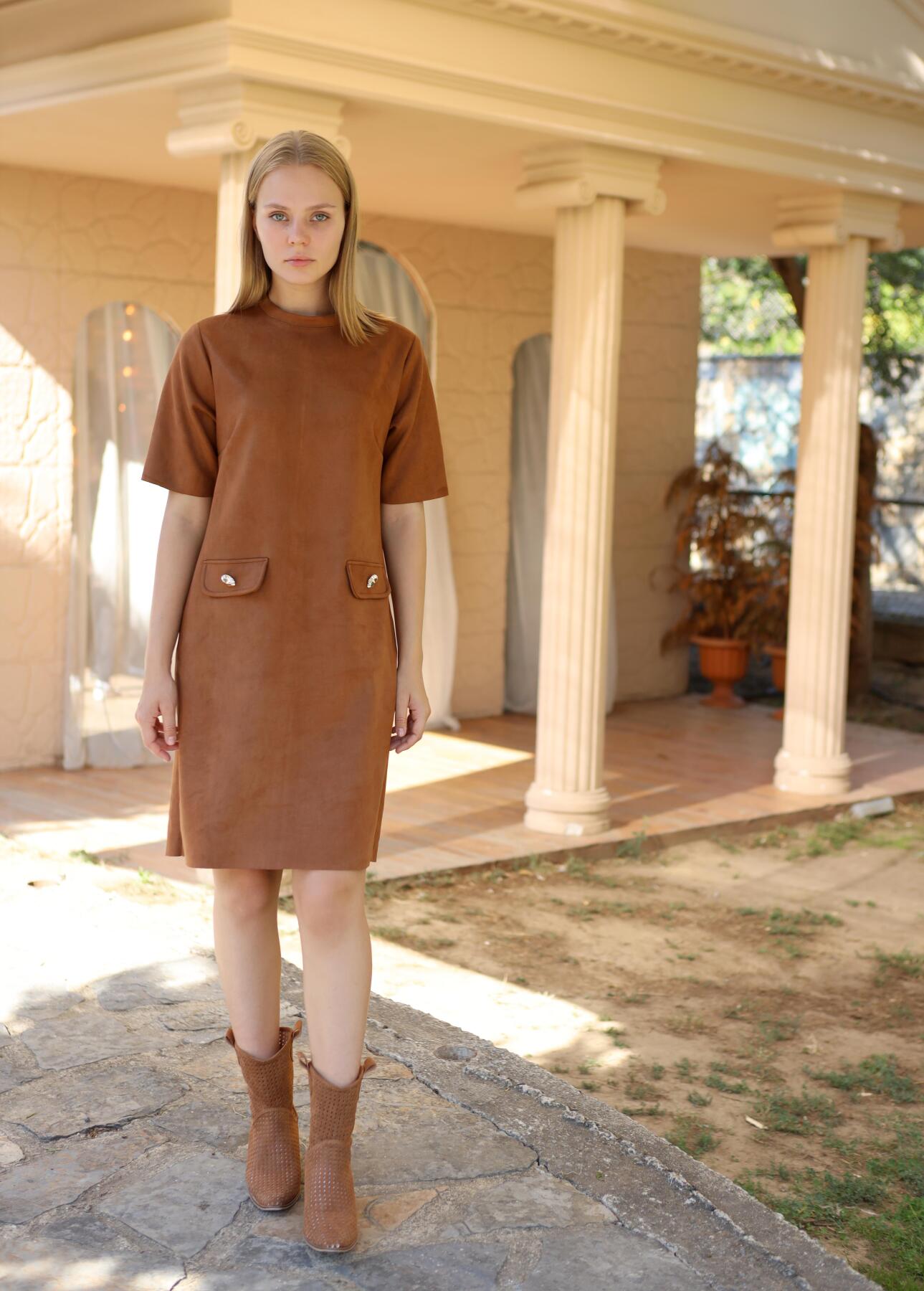 Taba Yarım Boğaz Kısa Kol Süet Elbise 3013A - 4