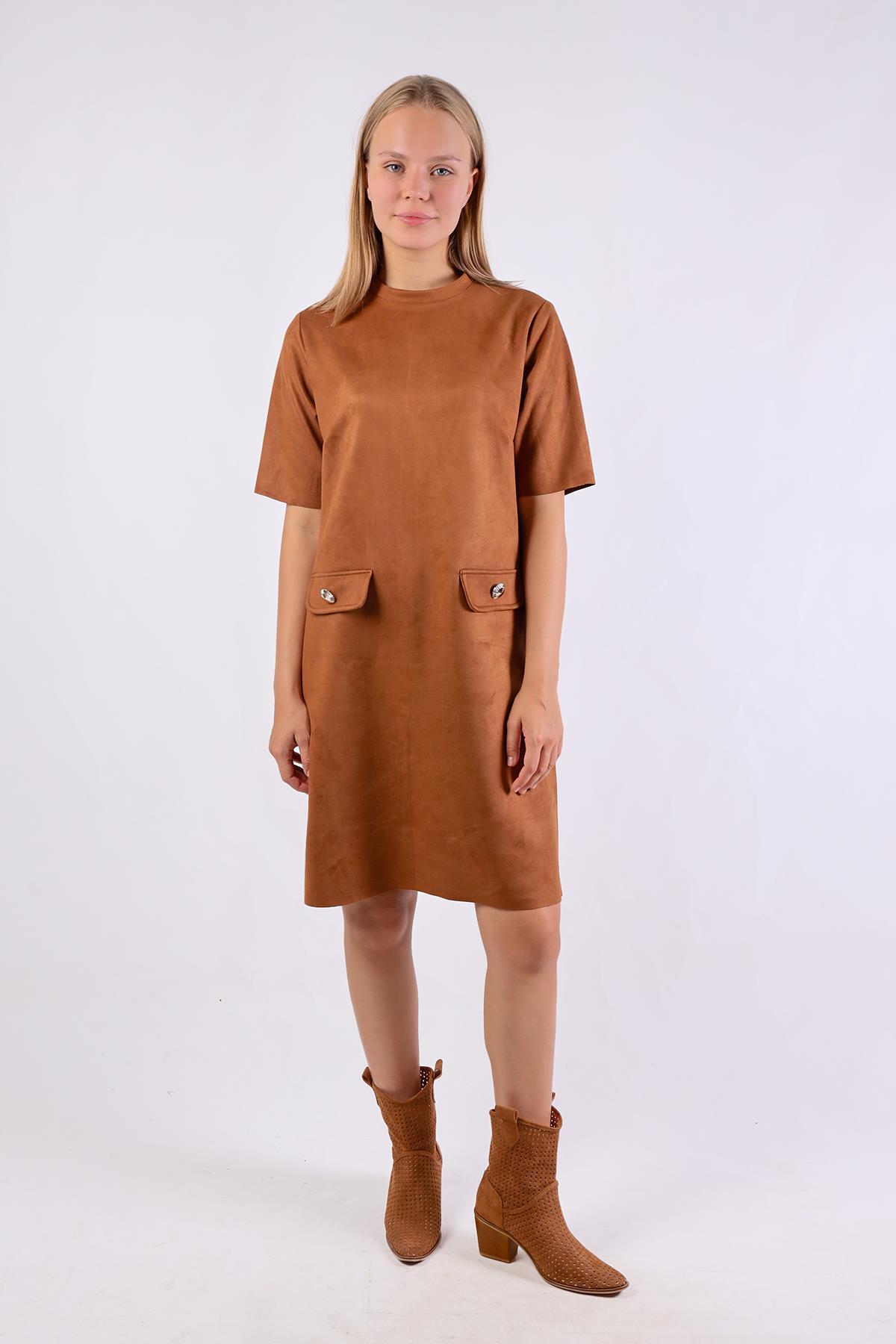 Taba Yarım Boğaz Kısa Kol Süet Elbise 3013A - 5