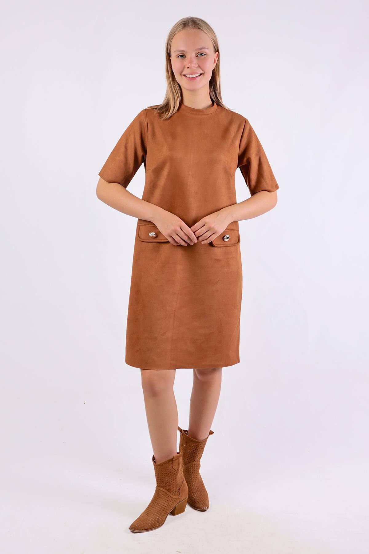 Taba Yarım Boğaz Kısa Kol Süet Elbise 3013A - 8