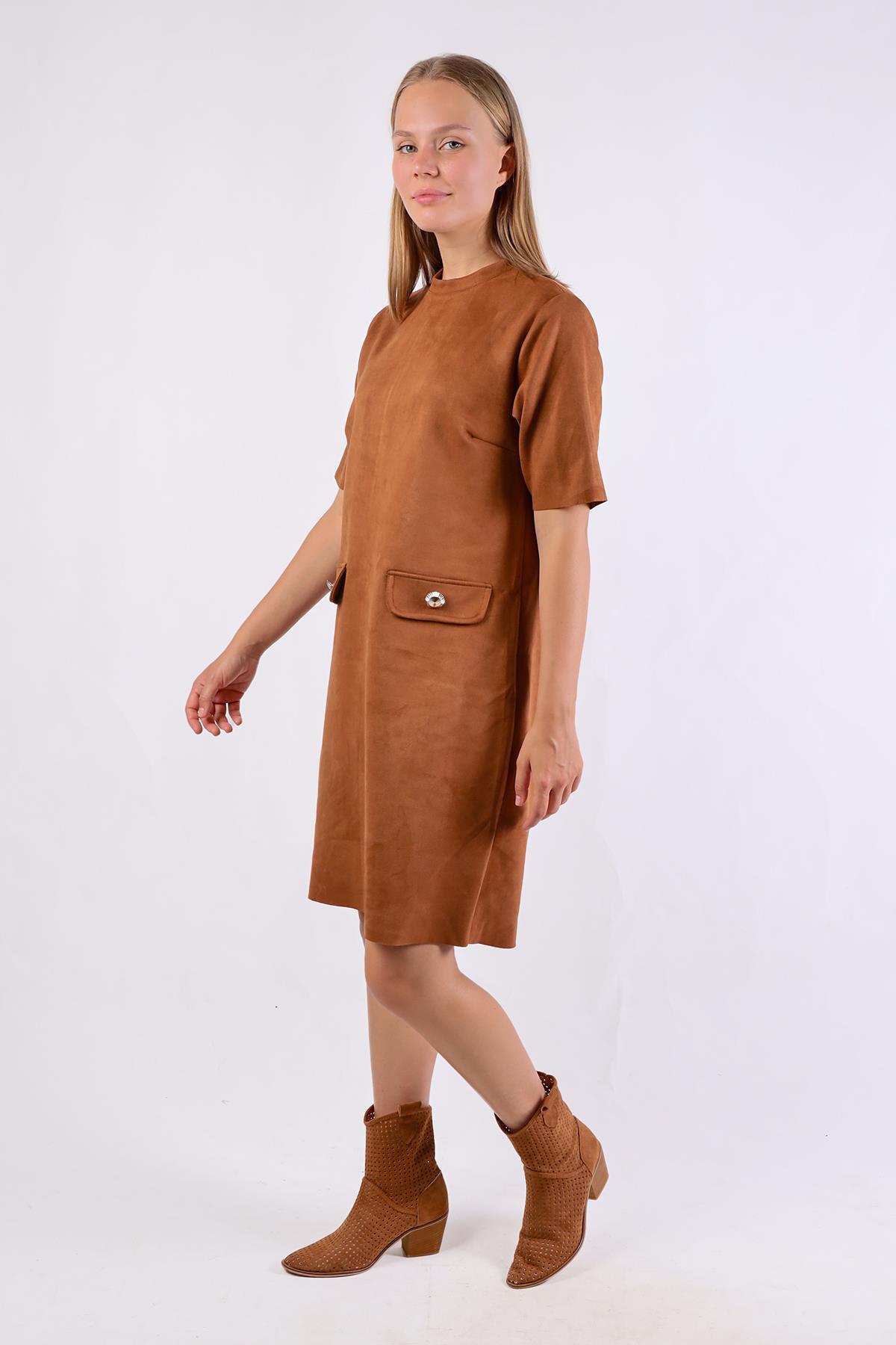 Taba Yarım Boğaz Kısa Kol Süet Elbise 3013A - 9