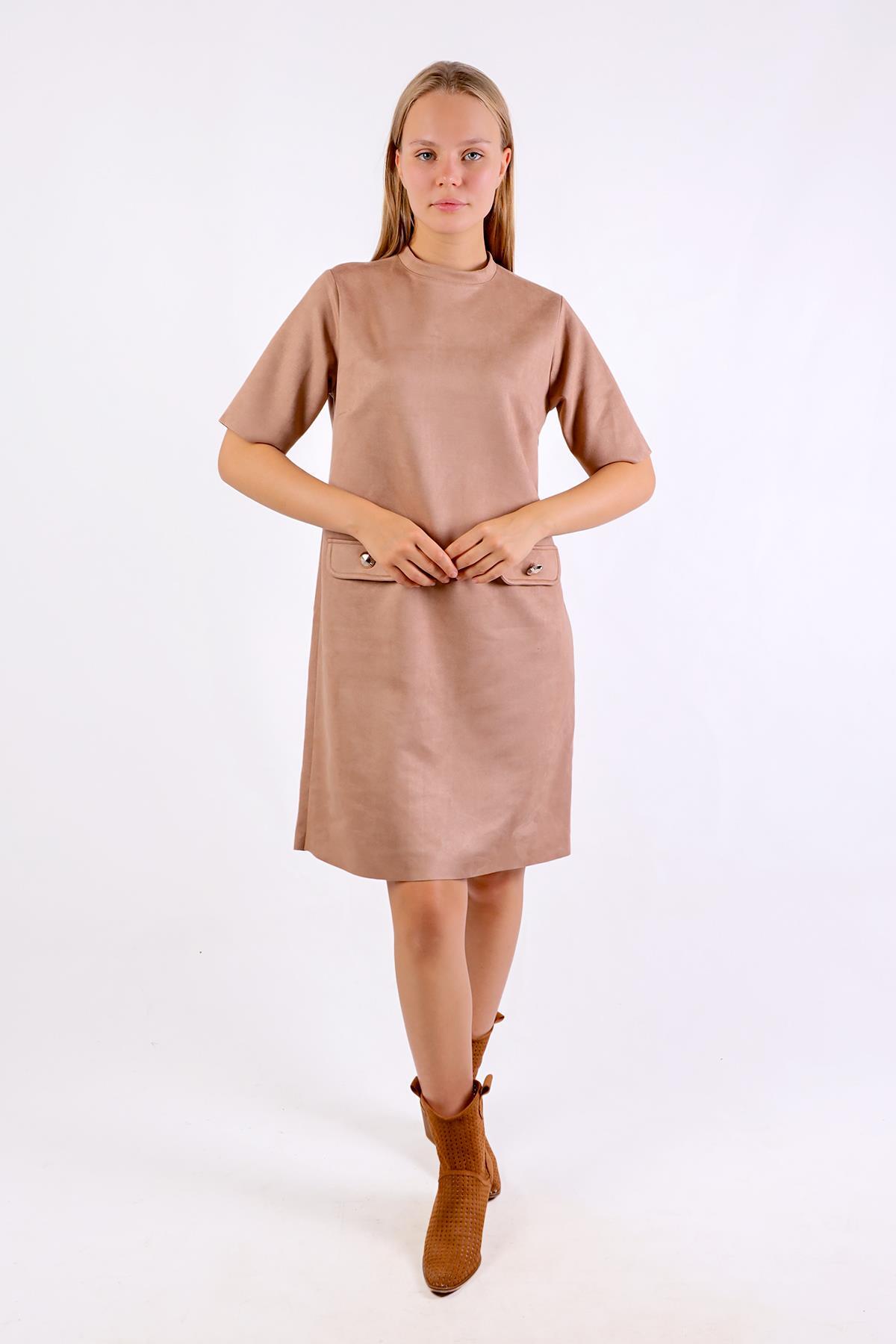 Vizon Yarım Boğaz Kısa Kol Süet Elbise 3013A - RAYS