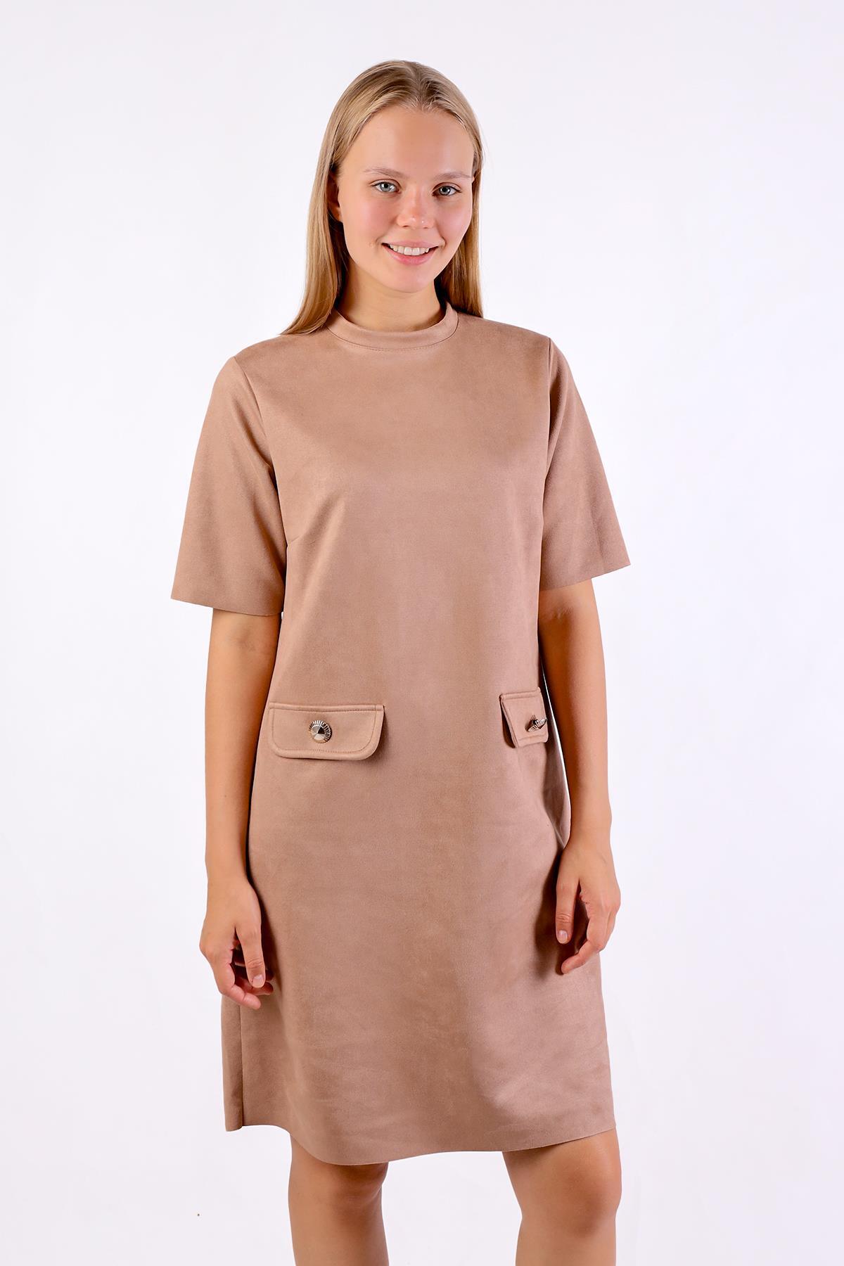 Vizon Yarım Boğaz Kısa Kol Süet Elbise 3013A - 5