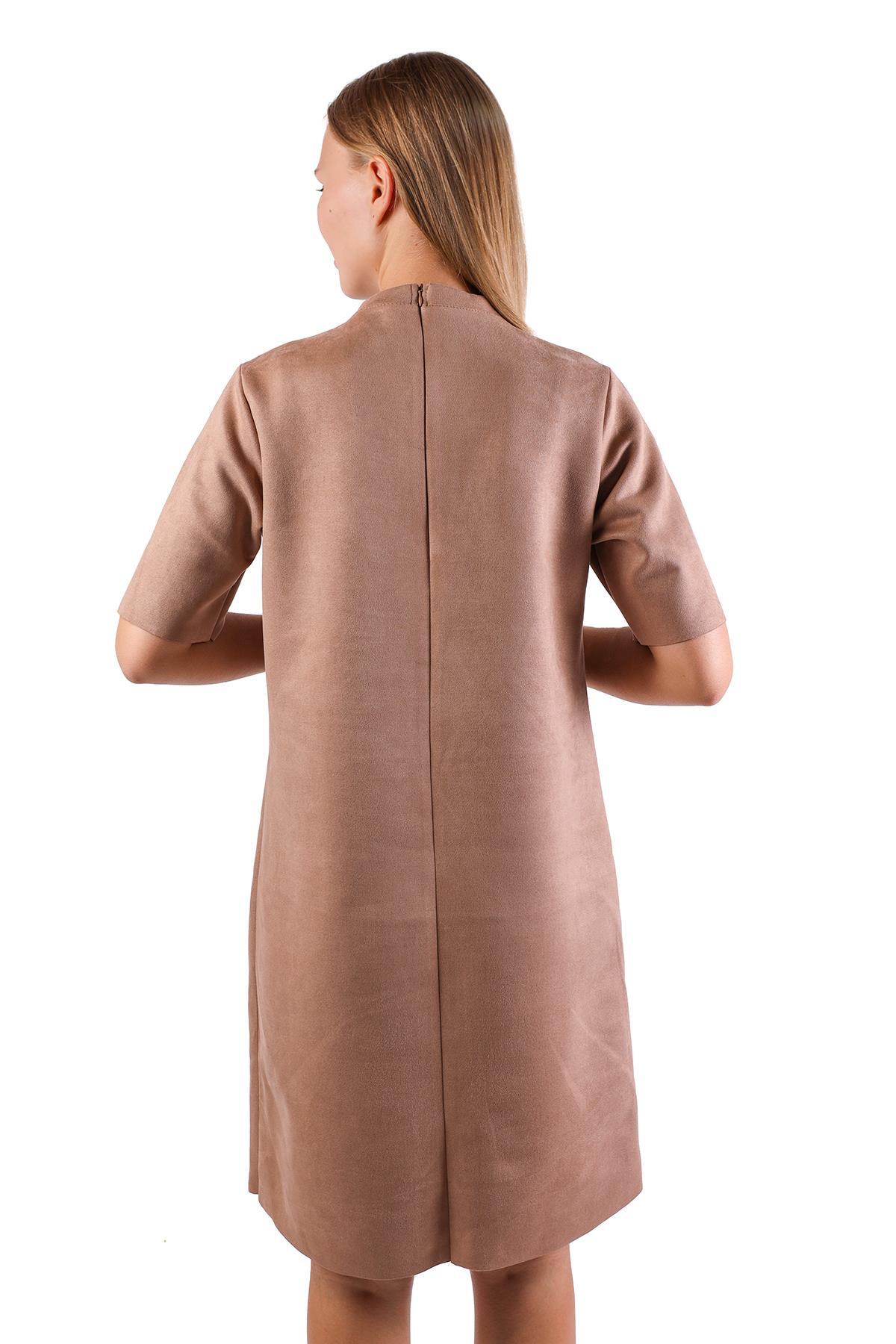 Vizon Yarım Boğaz Kısa Kol Süet Elbise 3013A - 6