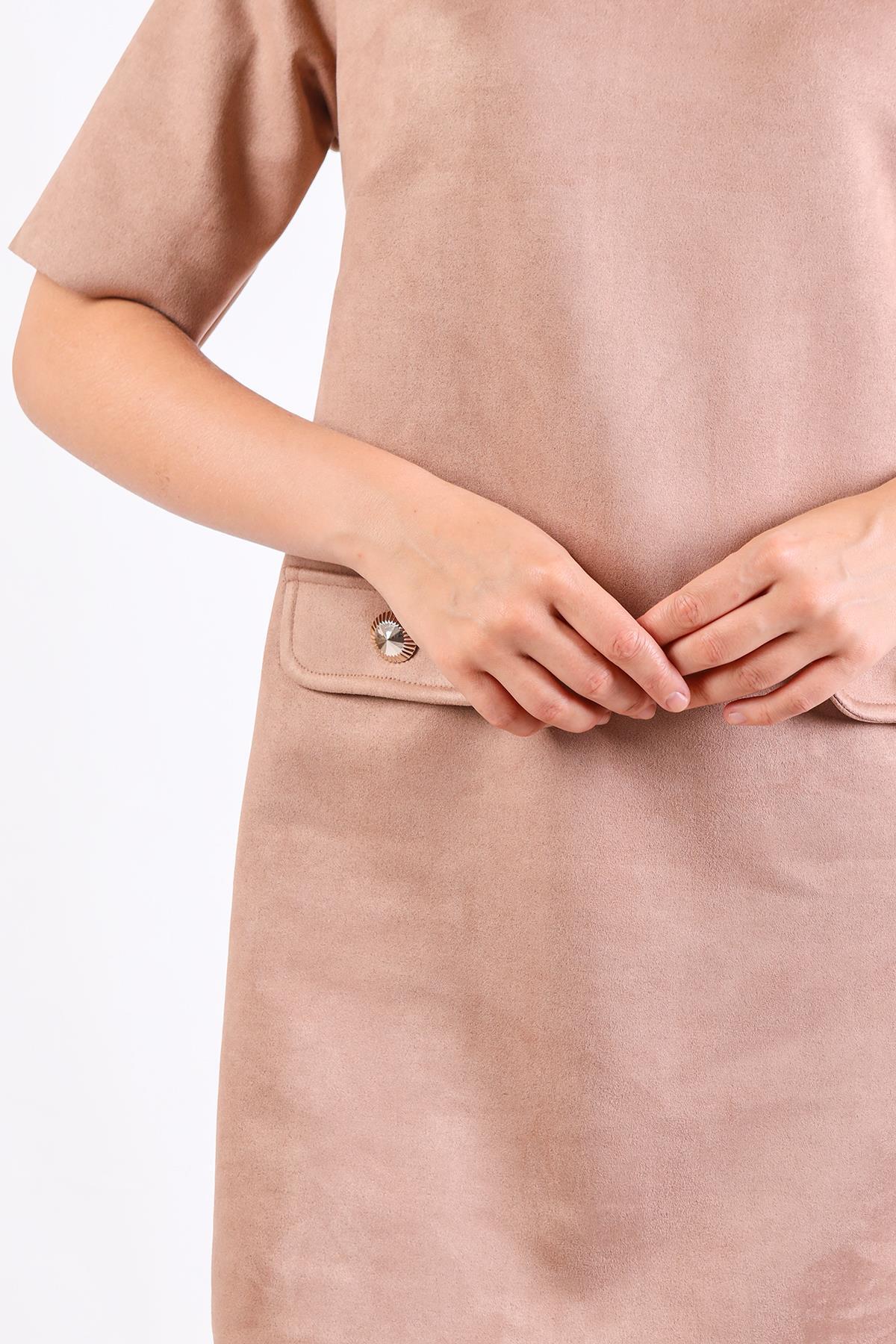 Vizon Yarım Boğaz Kısa Kol Süet Elbise 3013A - 7