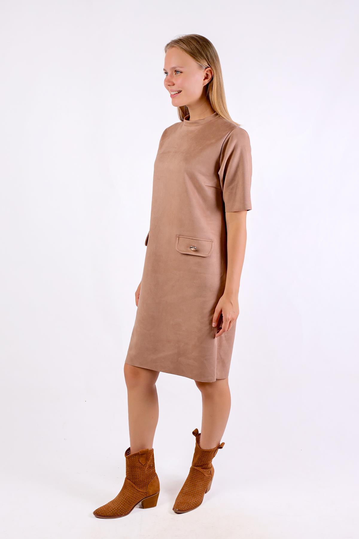 Vizon Yarım Boğaz Kısa Kol Süet Elbise 3013A - 8