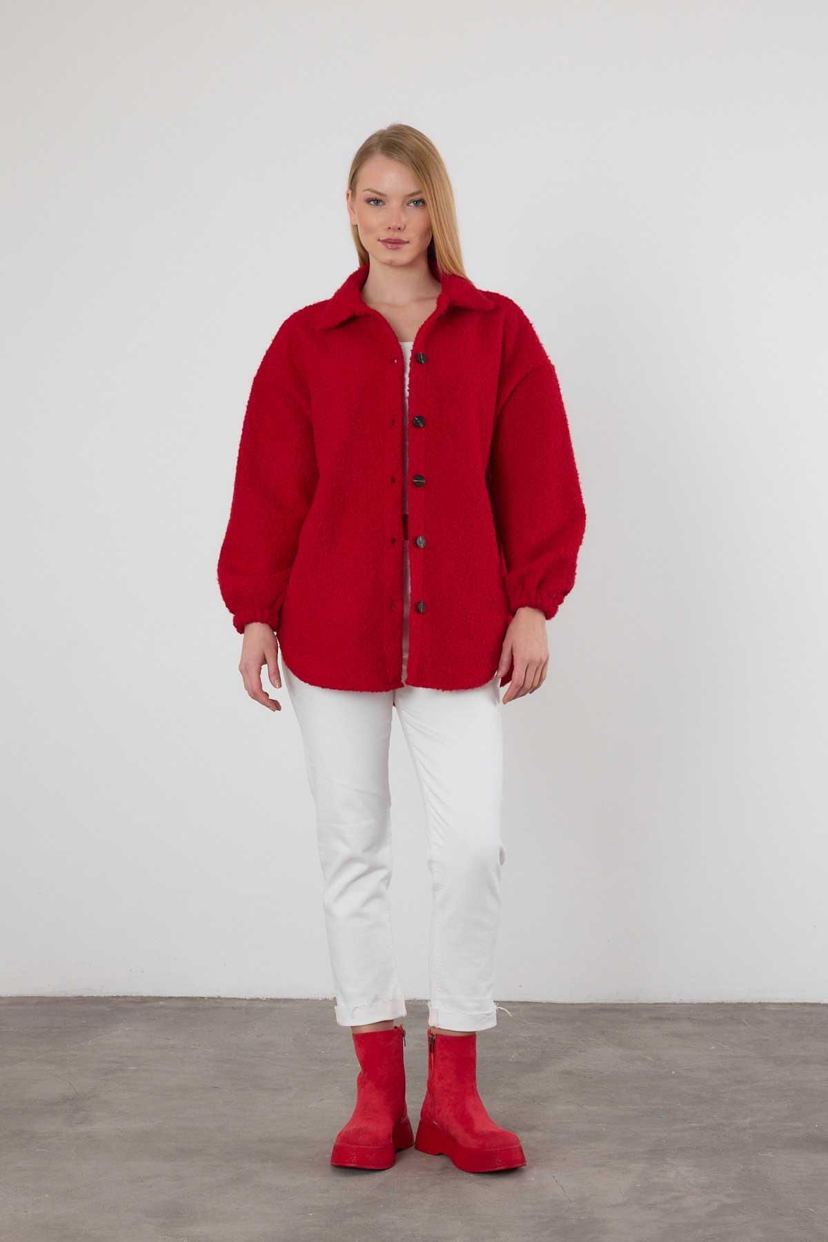 3014A Gömlek Yaka Düğmeli Ceket Kırmızı - RAYS
