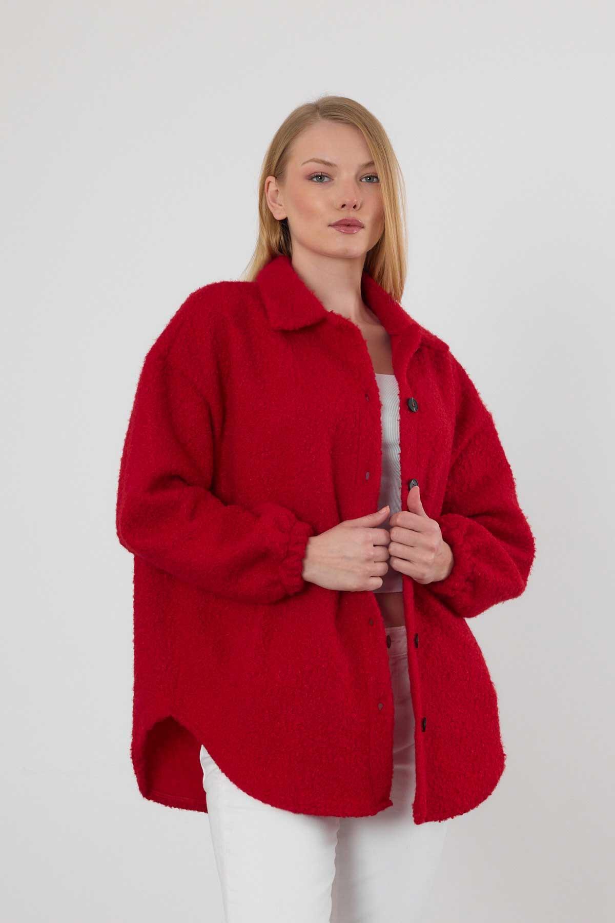 3014A Gömlek Yaka Düğmeli Ceket Kırmızı 