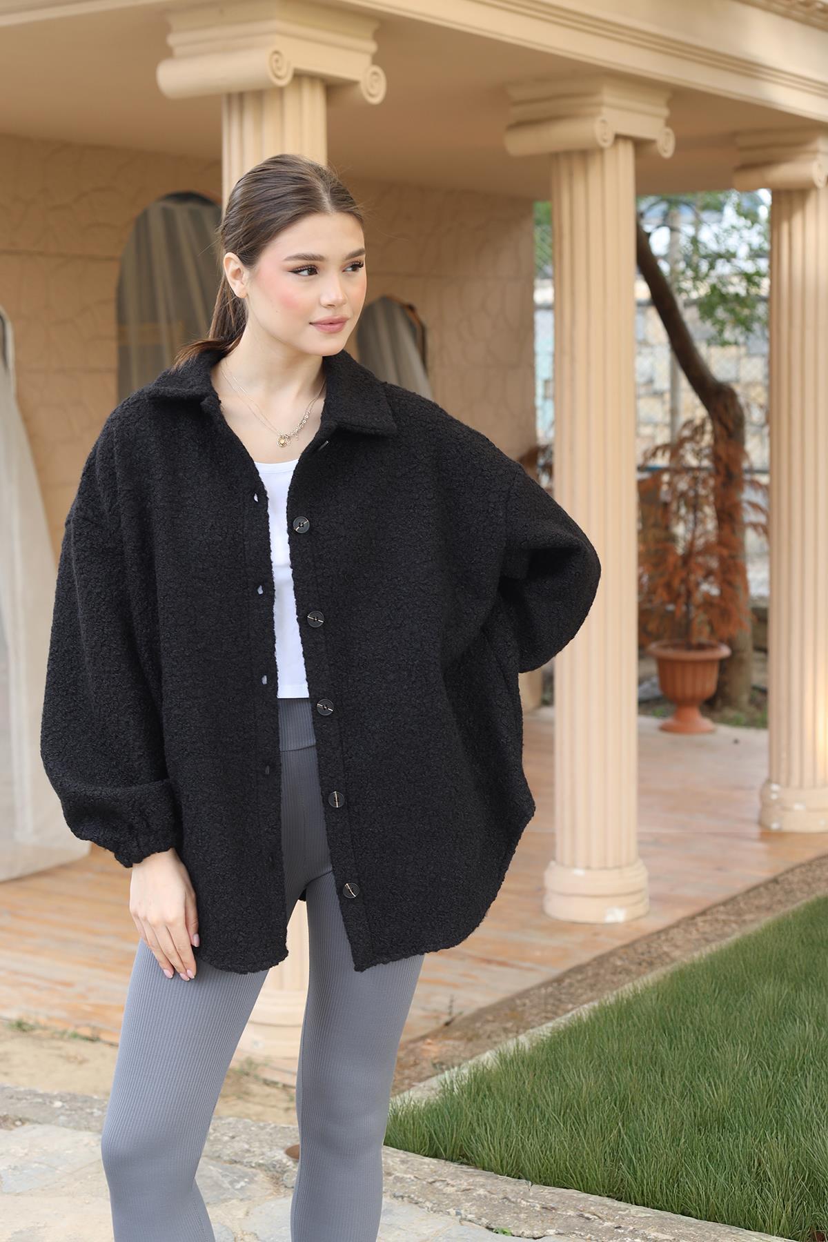3014A Gömlek Yaka Düğmeli Ceket Siyah 