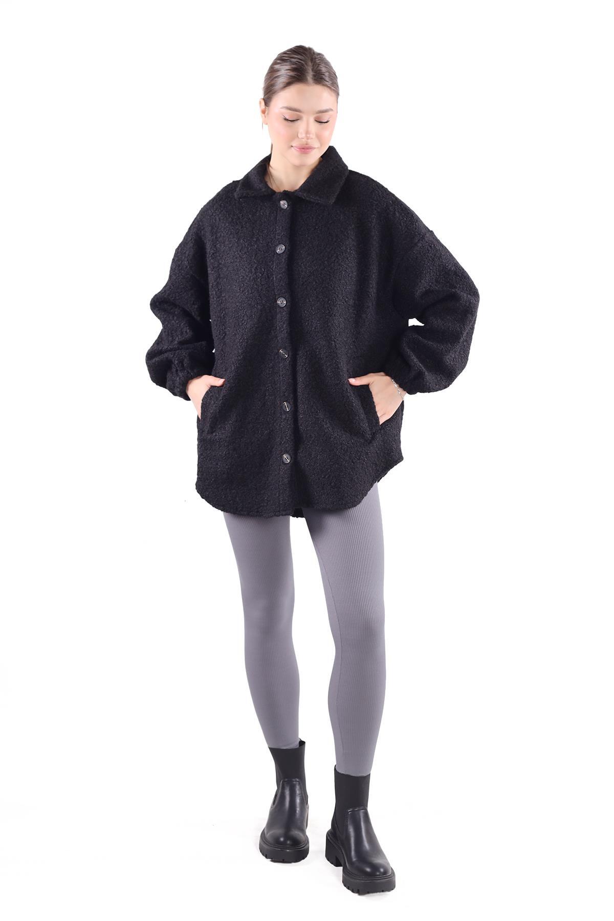 Siyah Gömlek Yaka Düğmeli Ceket 3014A - 6