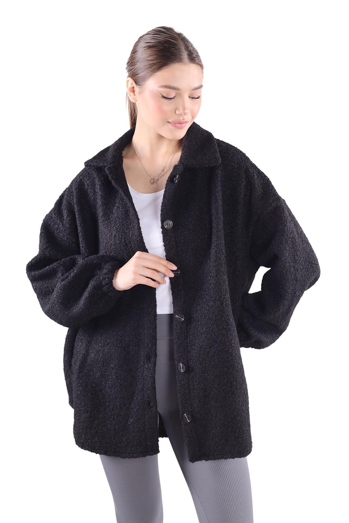 Siyah Gömlek Yaka Düğmeli Ceket 3014A - 8