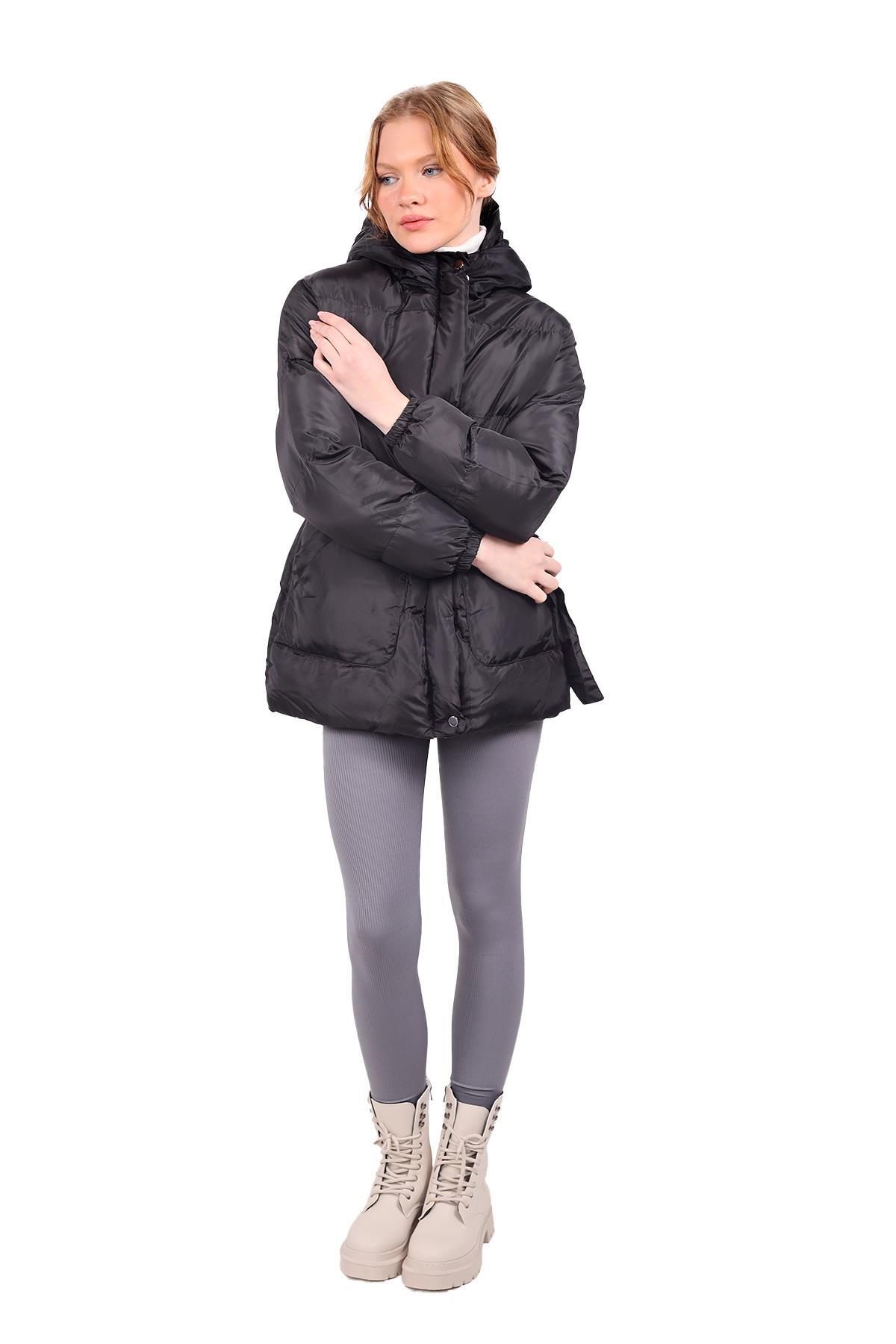 3015 Beli Bağlamalı Şişme Mont Siyah - 4