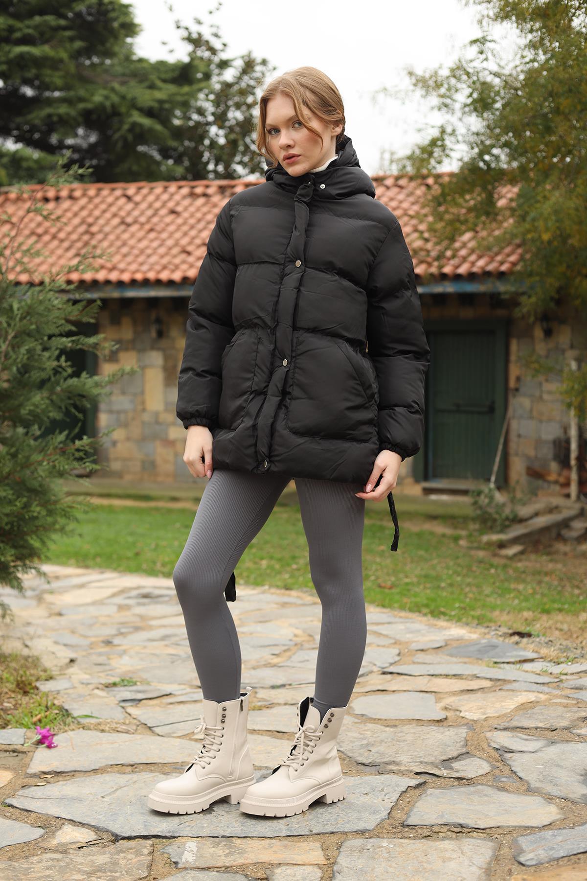 Siyah Beli Bağlamalı Şişme Mont 3015 - 2