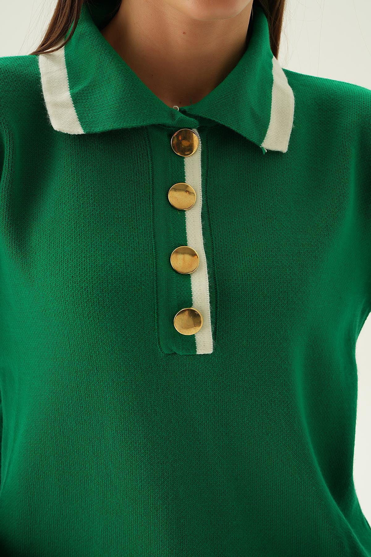 3015 Gömlek Yaka Şerit Detay Kazak Benetton Yeşili - 5