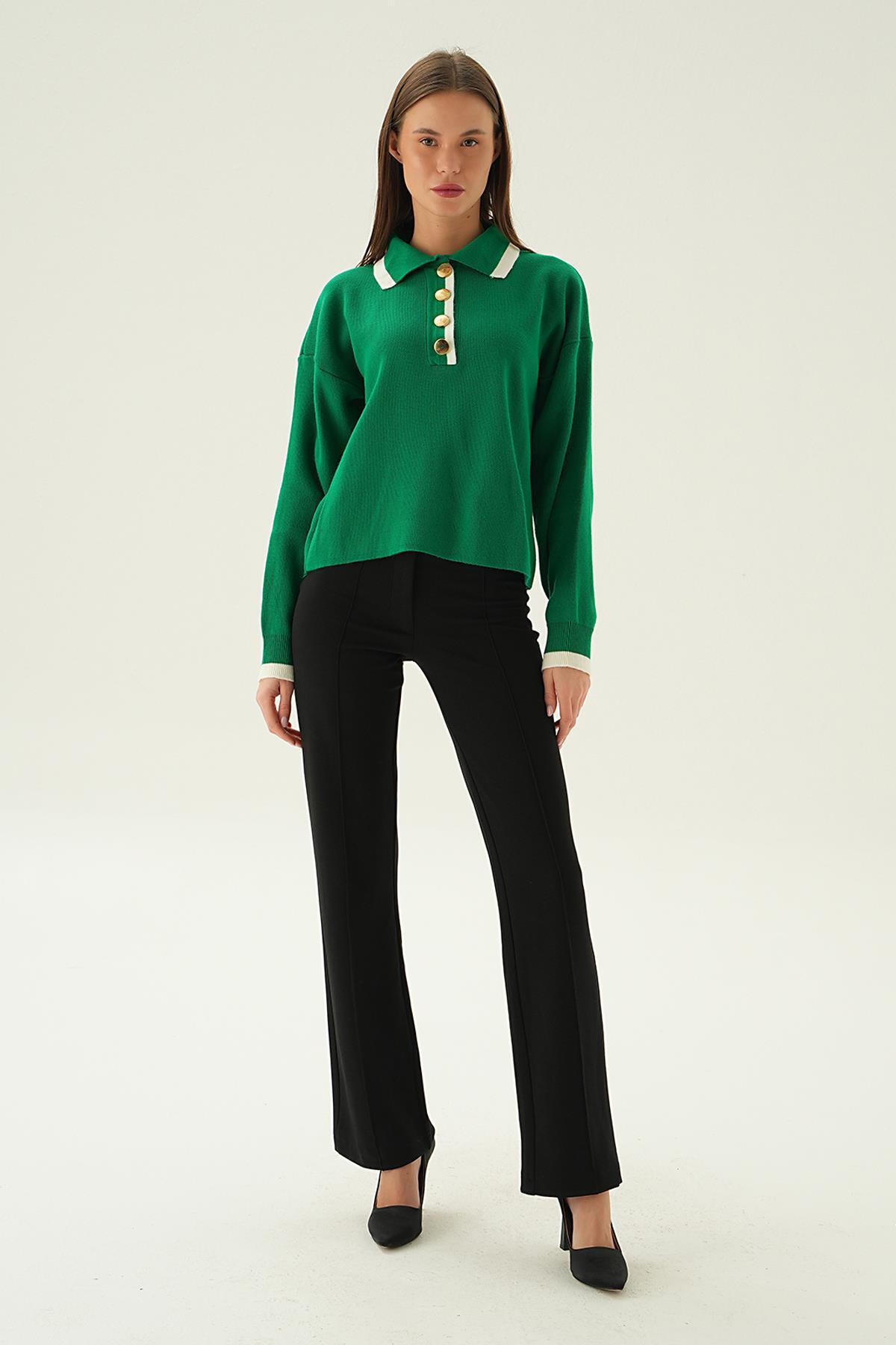 3015 Gömlek Yaka Şerit Detay Kazak Benetton Yeşili - 6