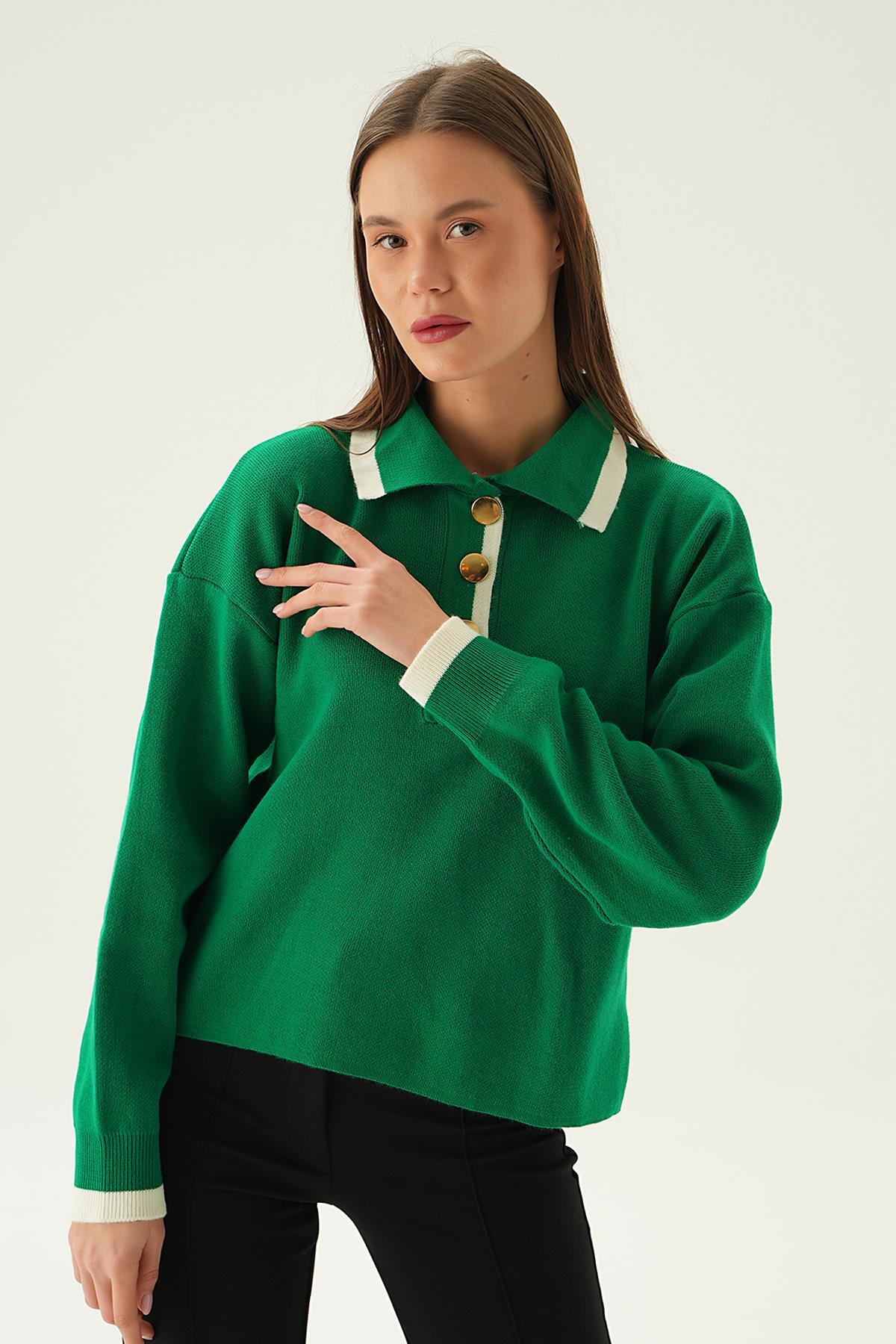 Benetton Yeşili Gömlek Yaka Şerit Detay Kazak 3033 - 1