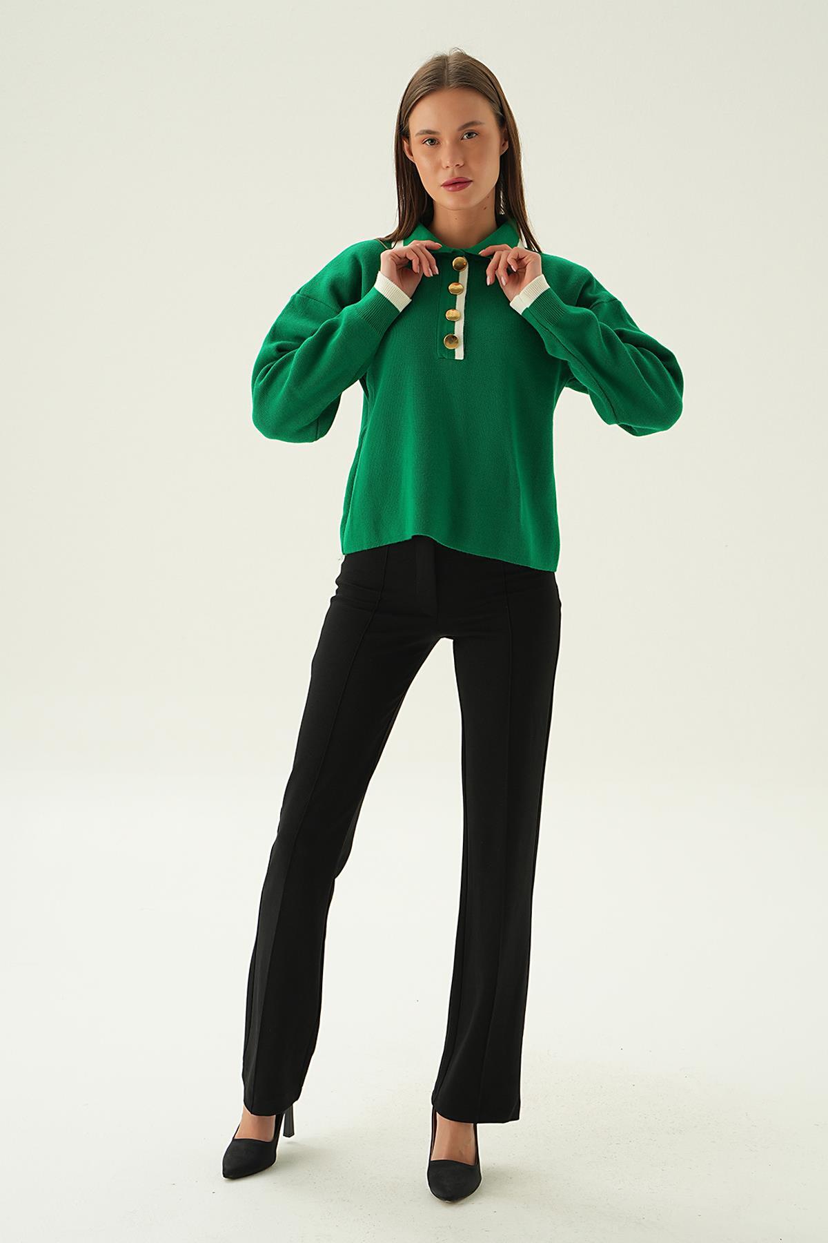 Benetton Yeşili Gömlek Yaka Şerit Detay Kazak 3033 - 2