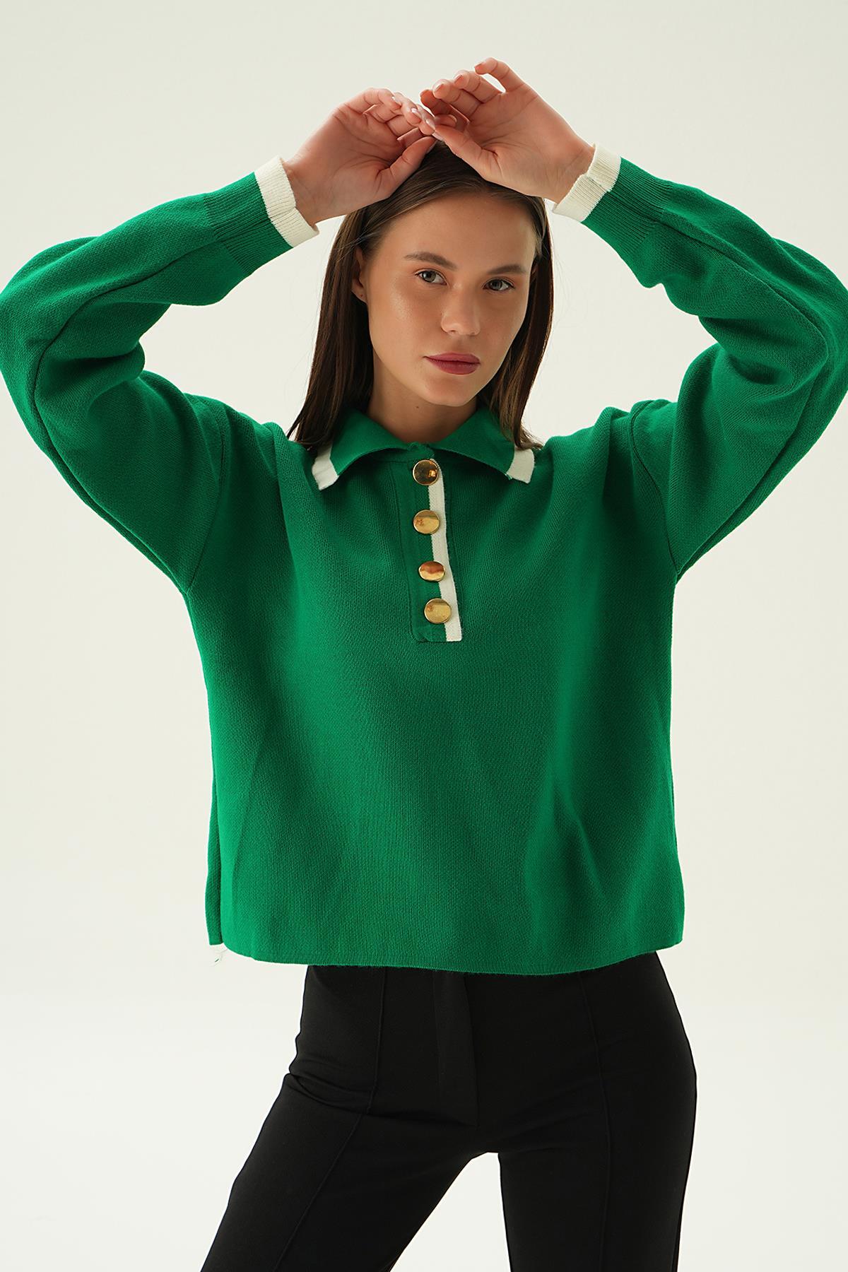 Benetton Yeşili Gömlek Yaka Şerit Detay Kazak 3033 - 3