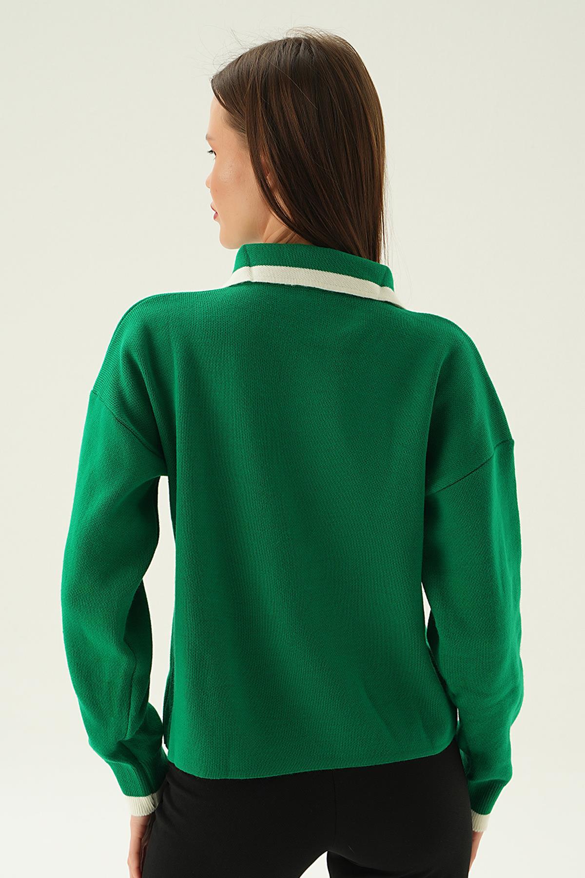 Benetton Yeşili Gömlek Yaka Şerit Detay Kazak 3033 - 4