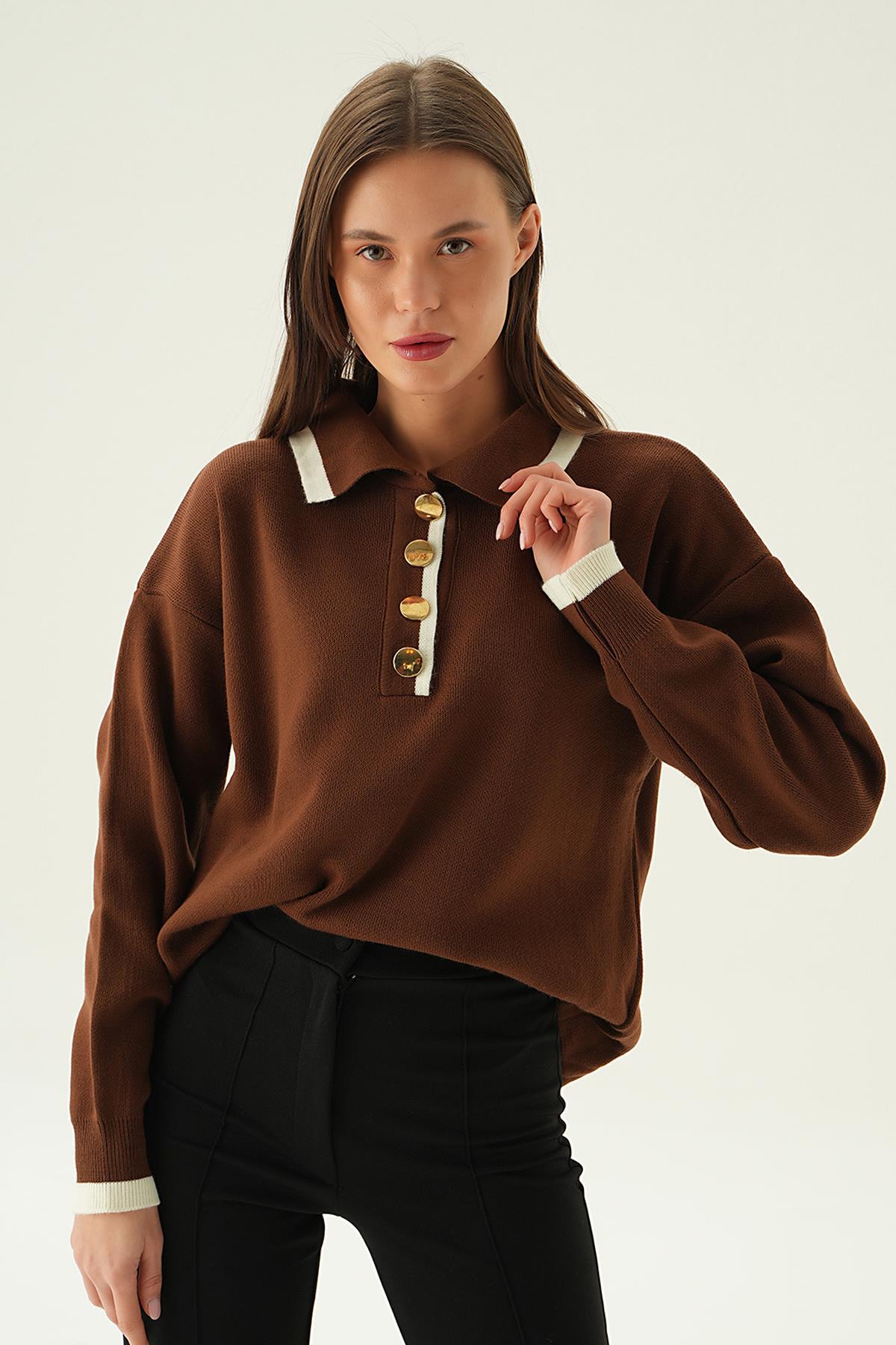 3015 Gömlek Yaka Şerit Detay Kazak Kahve 