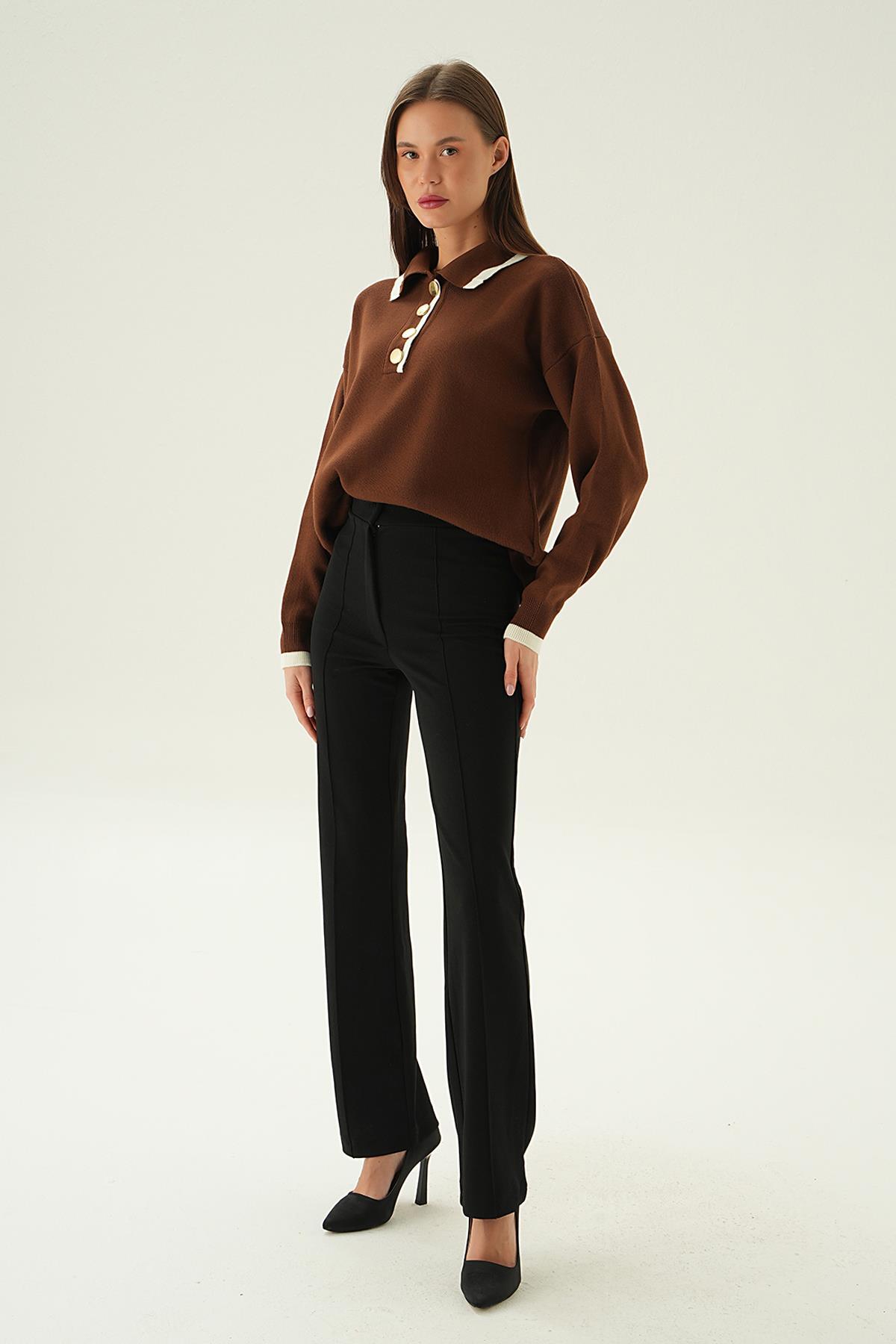 Kahve Gömlek Yaka Şerit Detay Kazak 3033 - 2