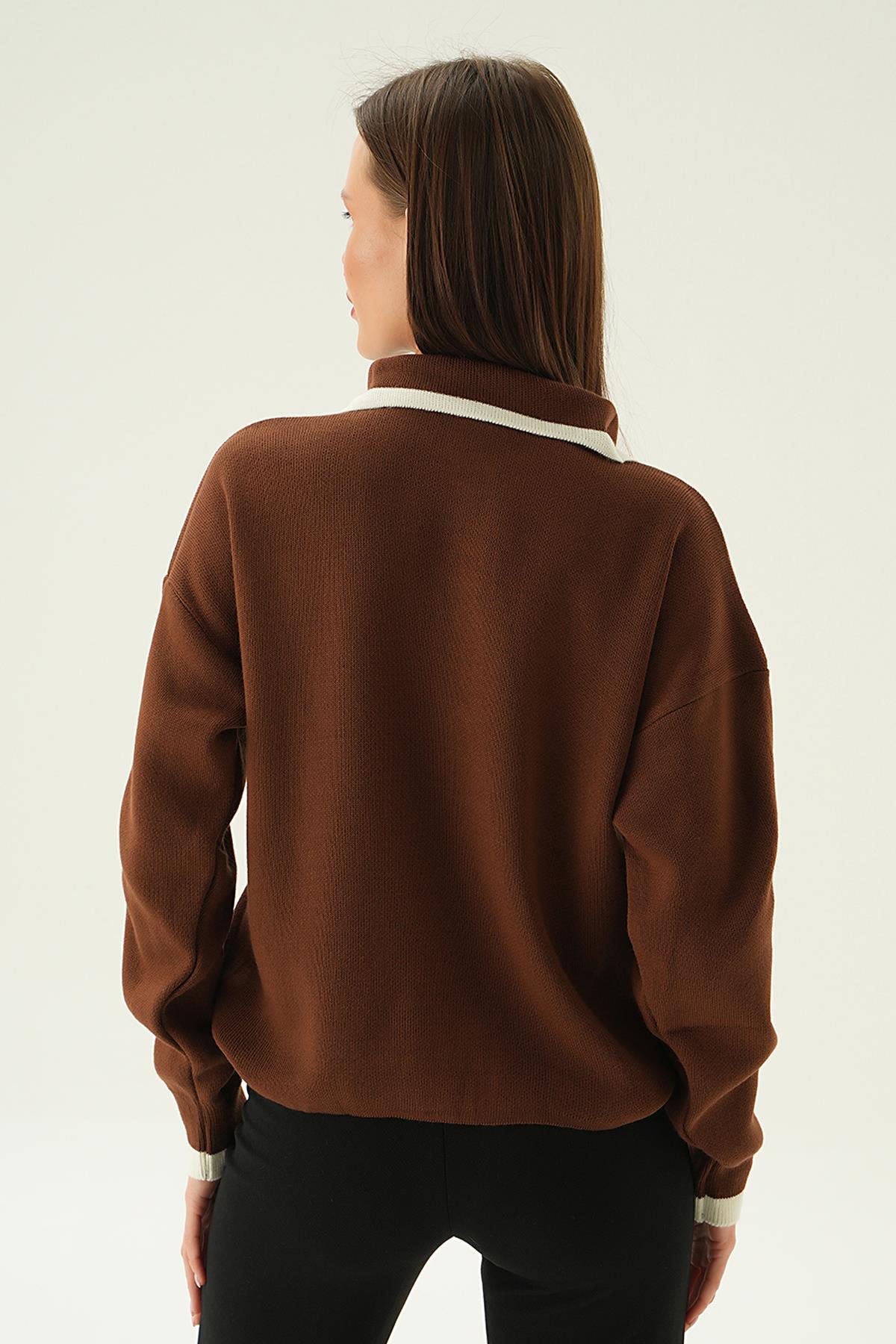 Kahve Gömlek Yaka Şerit Detay Kazak 3033 - 3