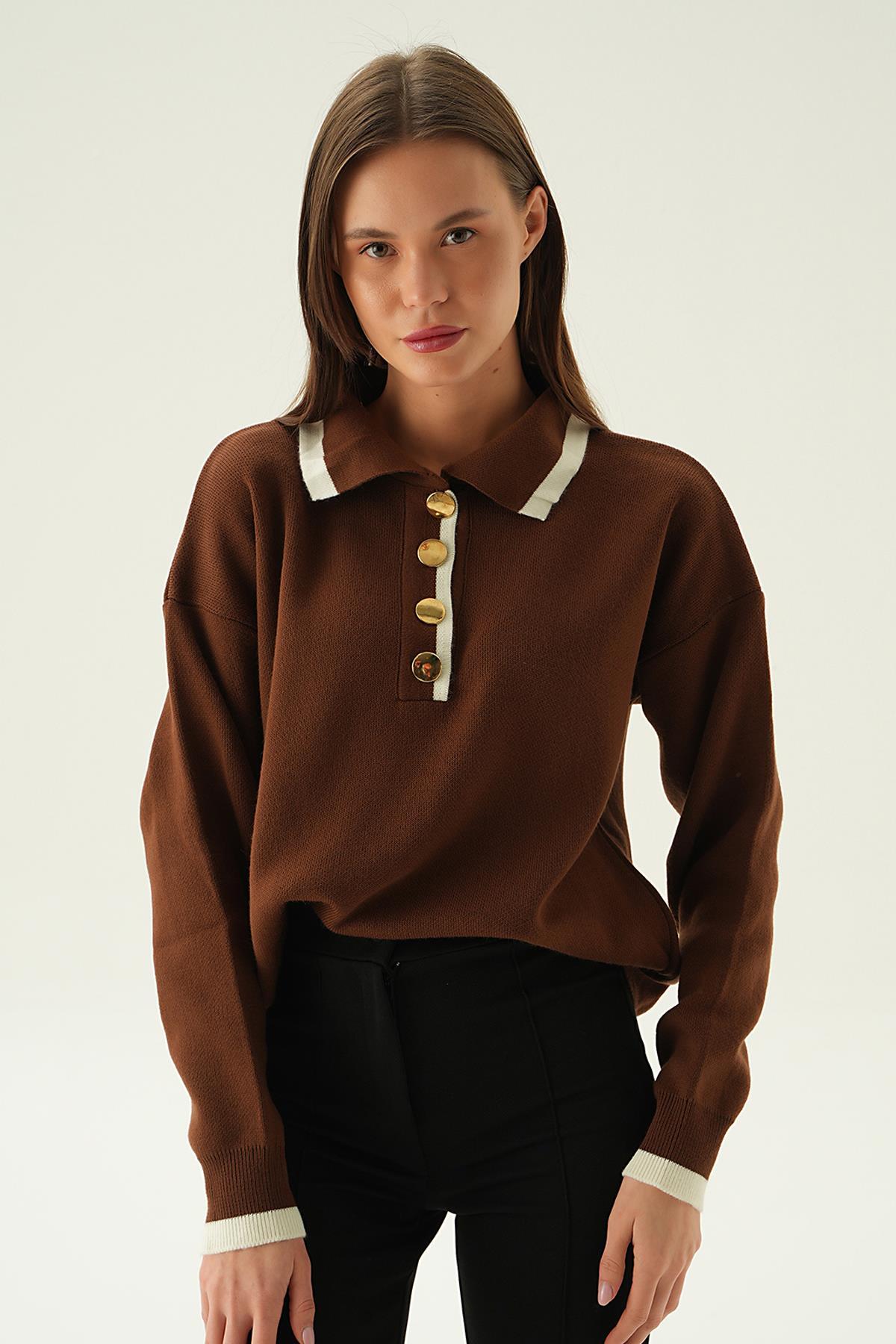 Kahve Gömlek Yaka Şerit Detay Kazak 3033 - 4