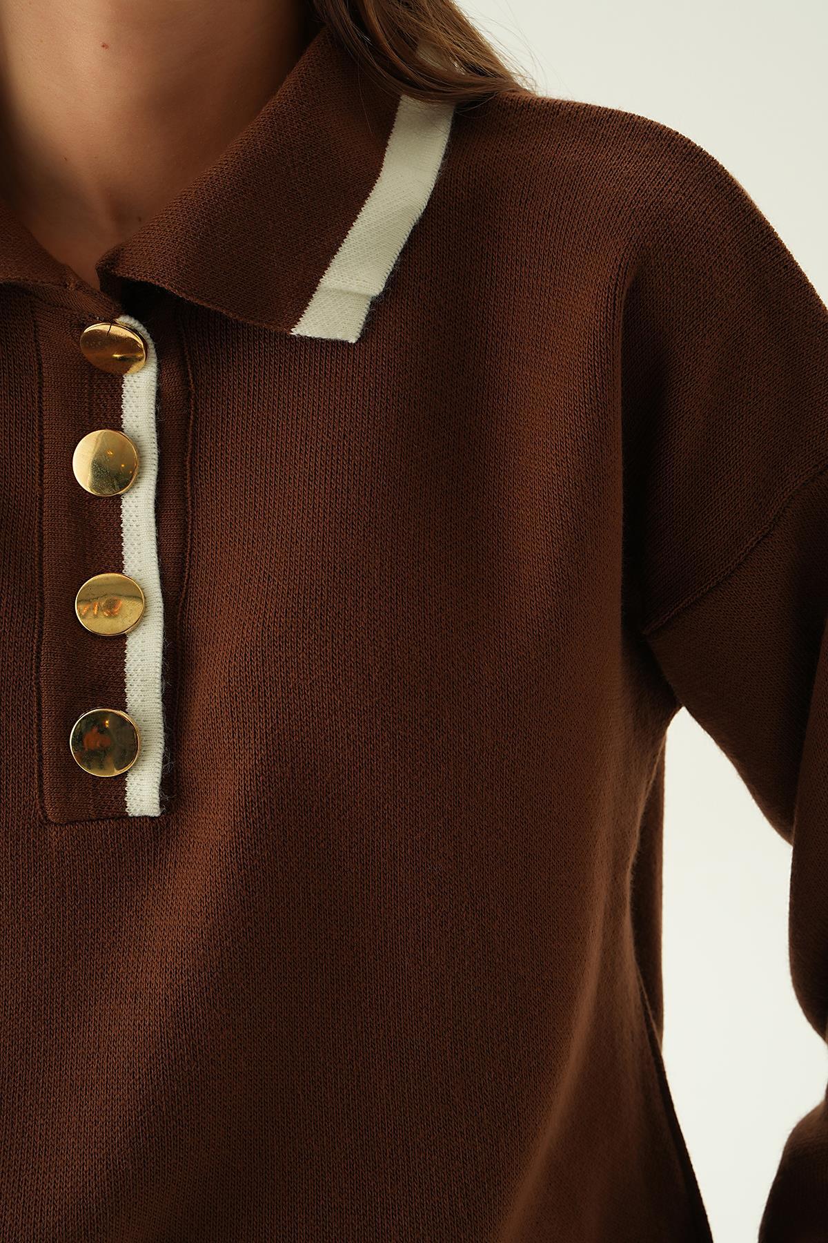 Kahve Gömlek Yaka Şerit Detay Kazak 3033 - 5