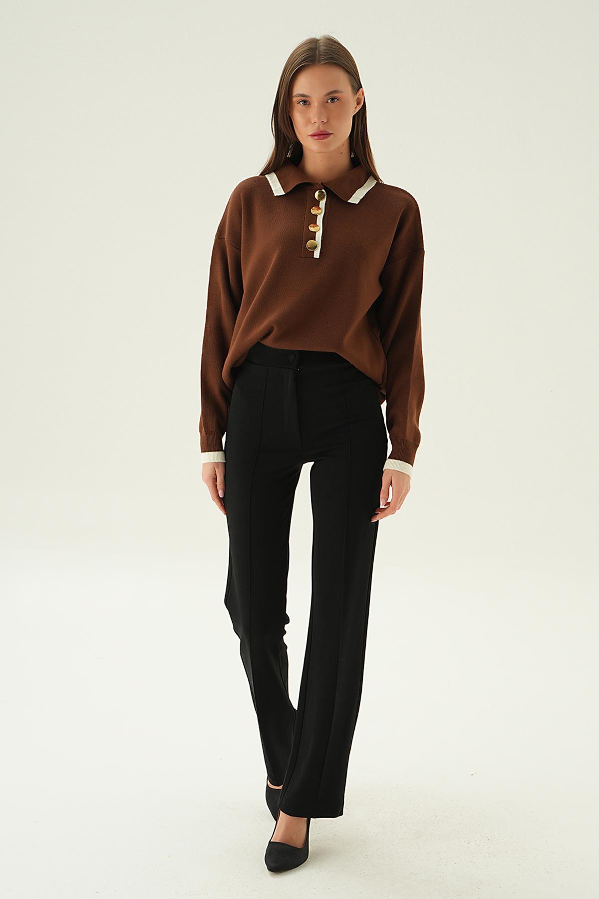 Kahve Gömlek Yaka Şerit Detay Kazak 3033 - 6