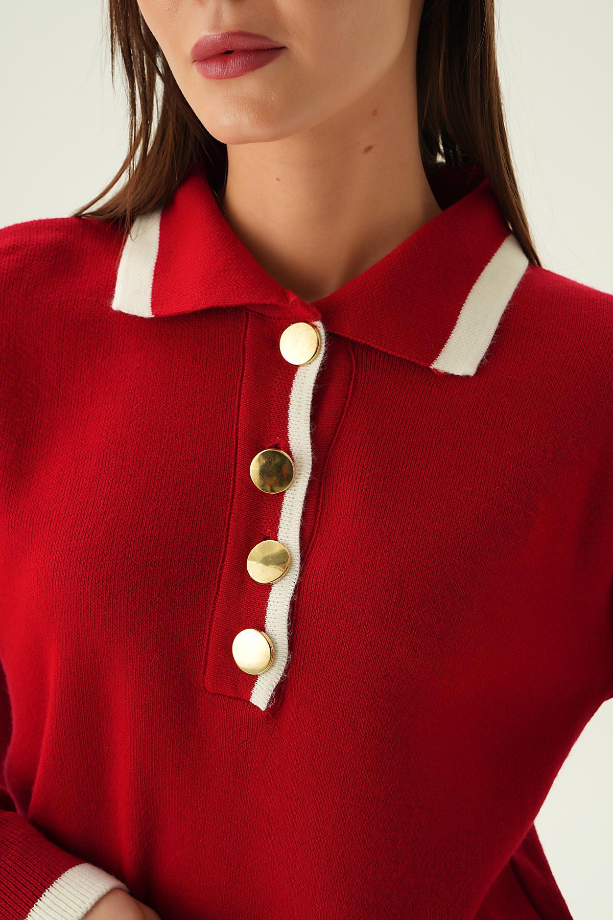 3015 Gömlek Yaka Şerit Detay Kazak Kırmızı - 5