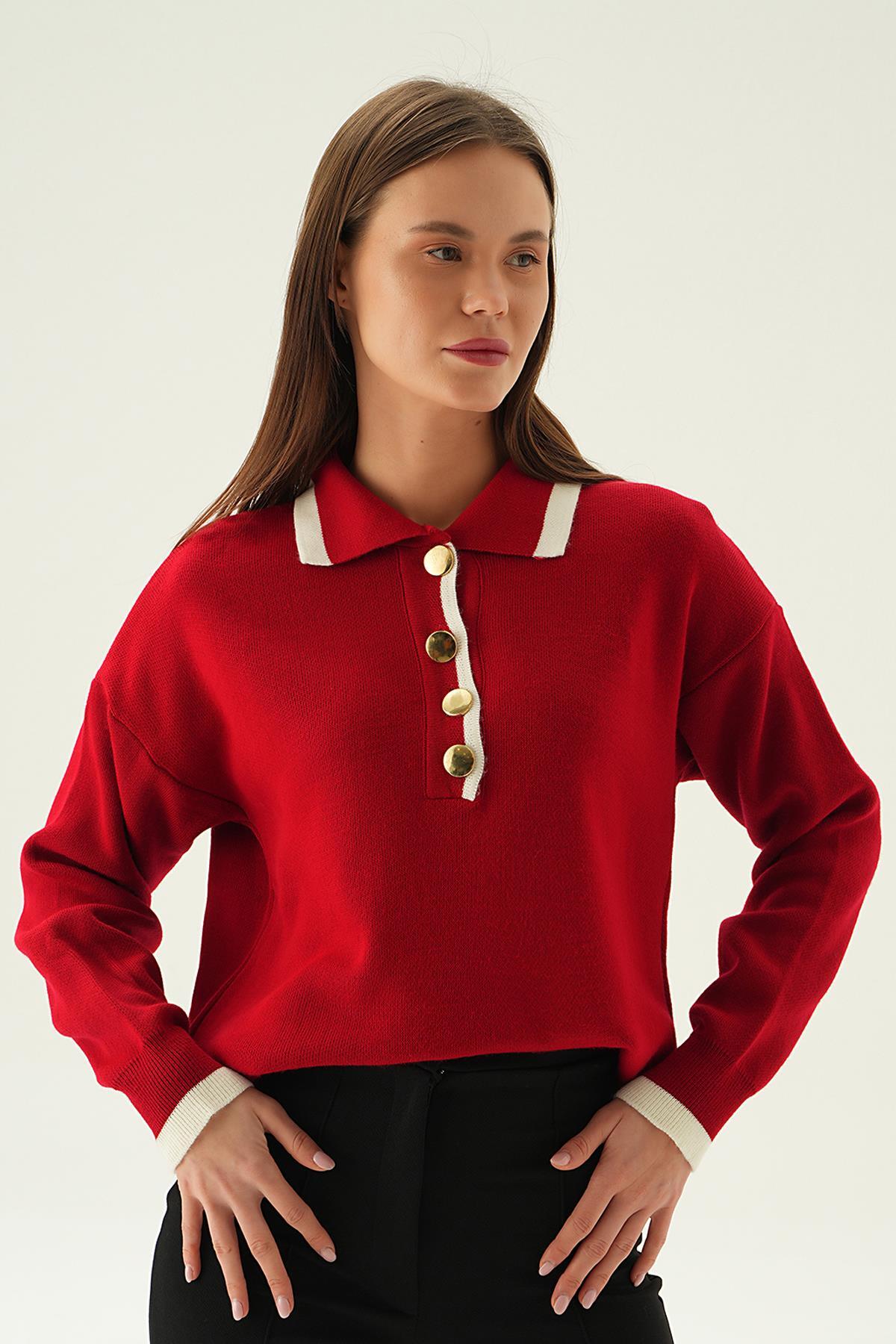 3015 Gömlek Yaka Şerit Detay Kazak Kırmızı - 3