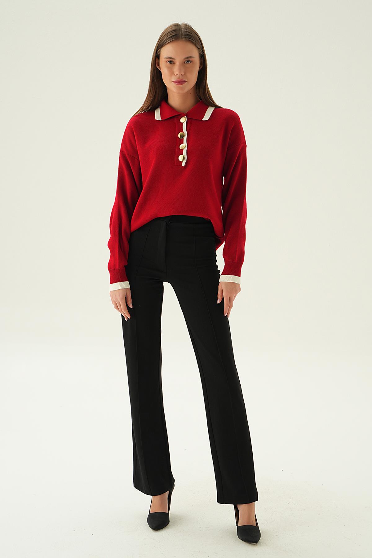 3015 Gömlek Yaka Şerit Detay Kazak Kırmızı - 6