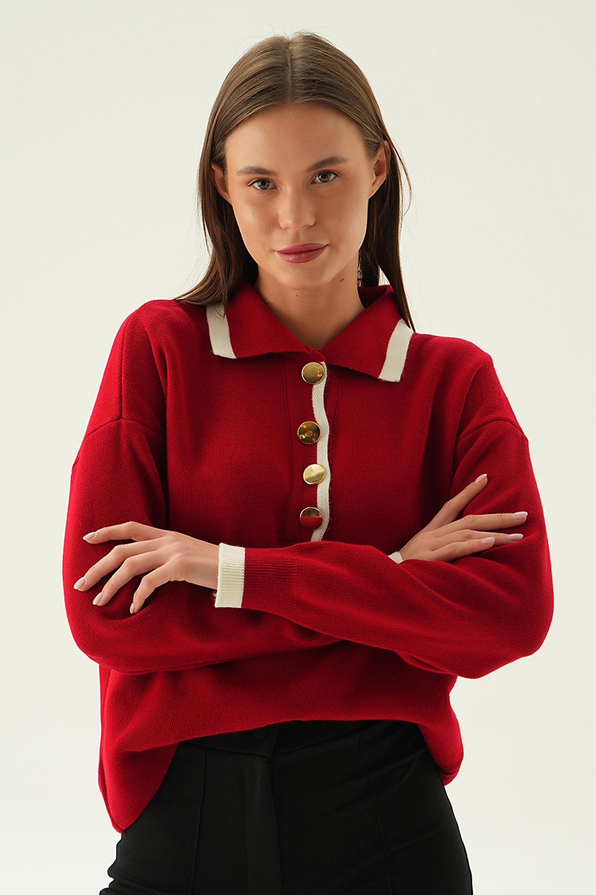 Kırmızı Gömlek Yaka Şerit Detay Kazak 3033 - 1