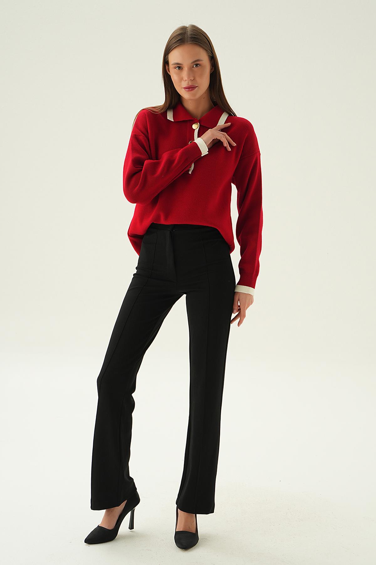 Kırmızı Gömlek Yaka Şerit Detay Kazak 3033 - 2