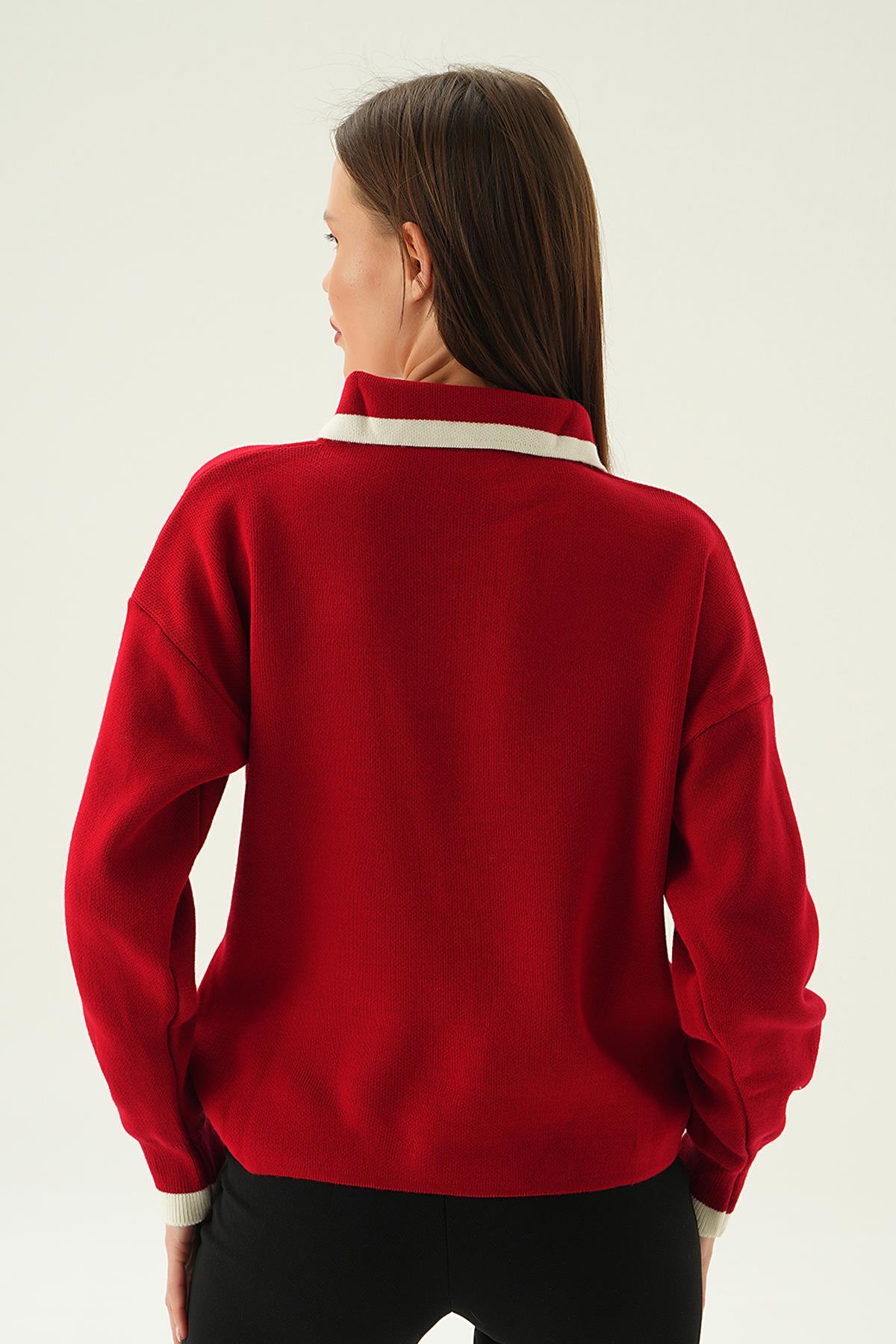 Kırmızı Gömlek Yaka Şerit Detay Kazak 3033 - 4