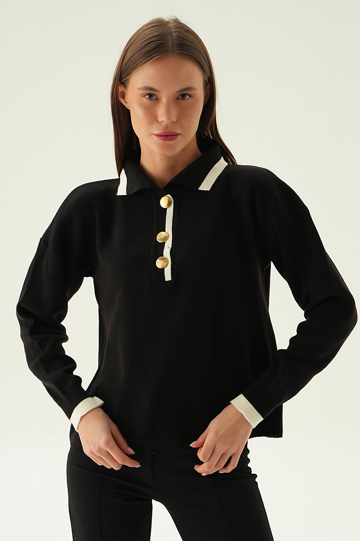 3015 Gömlek Yaka Şerit Detay Kazak Siyah - 4